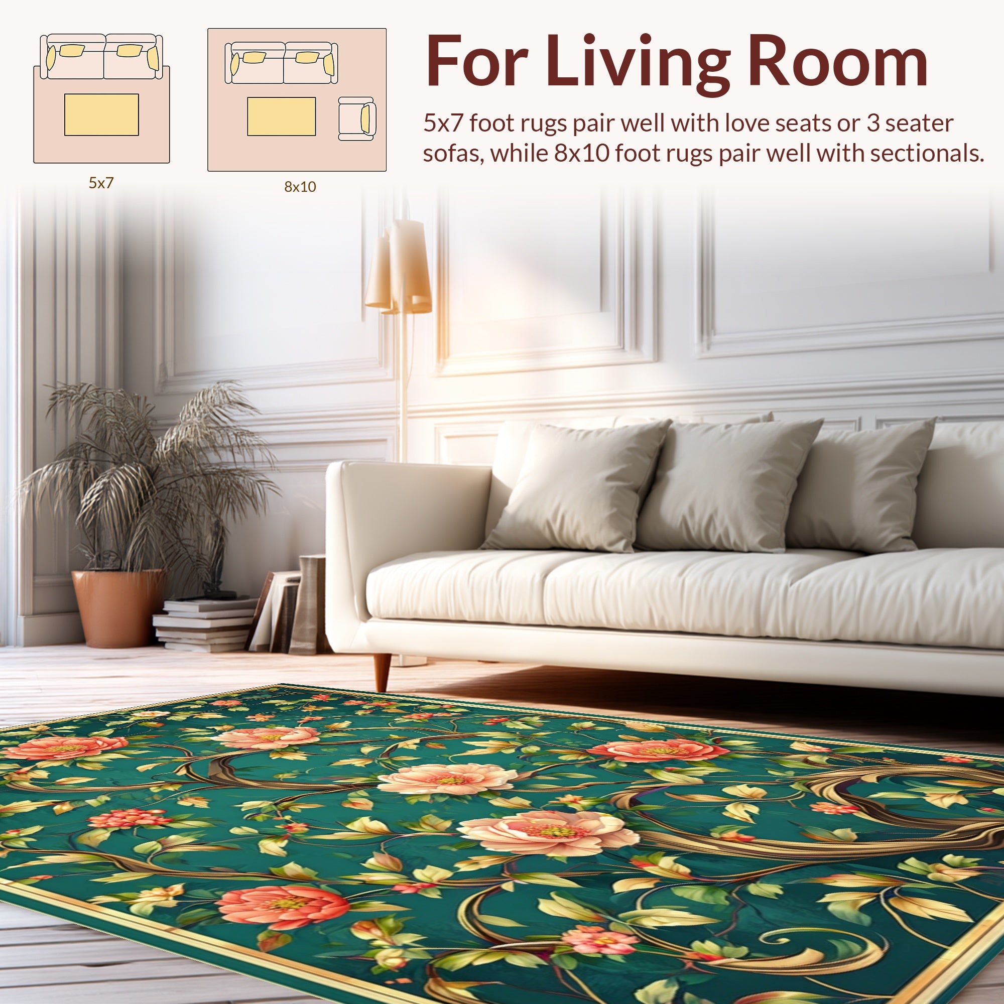 Emerald Peony Vine Patterned Rug
