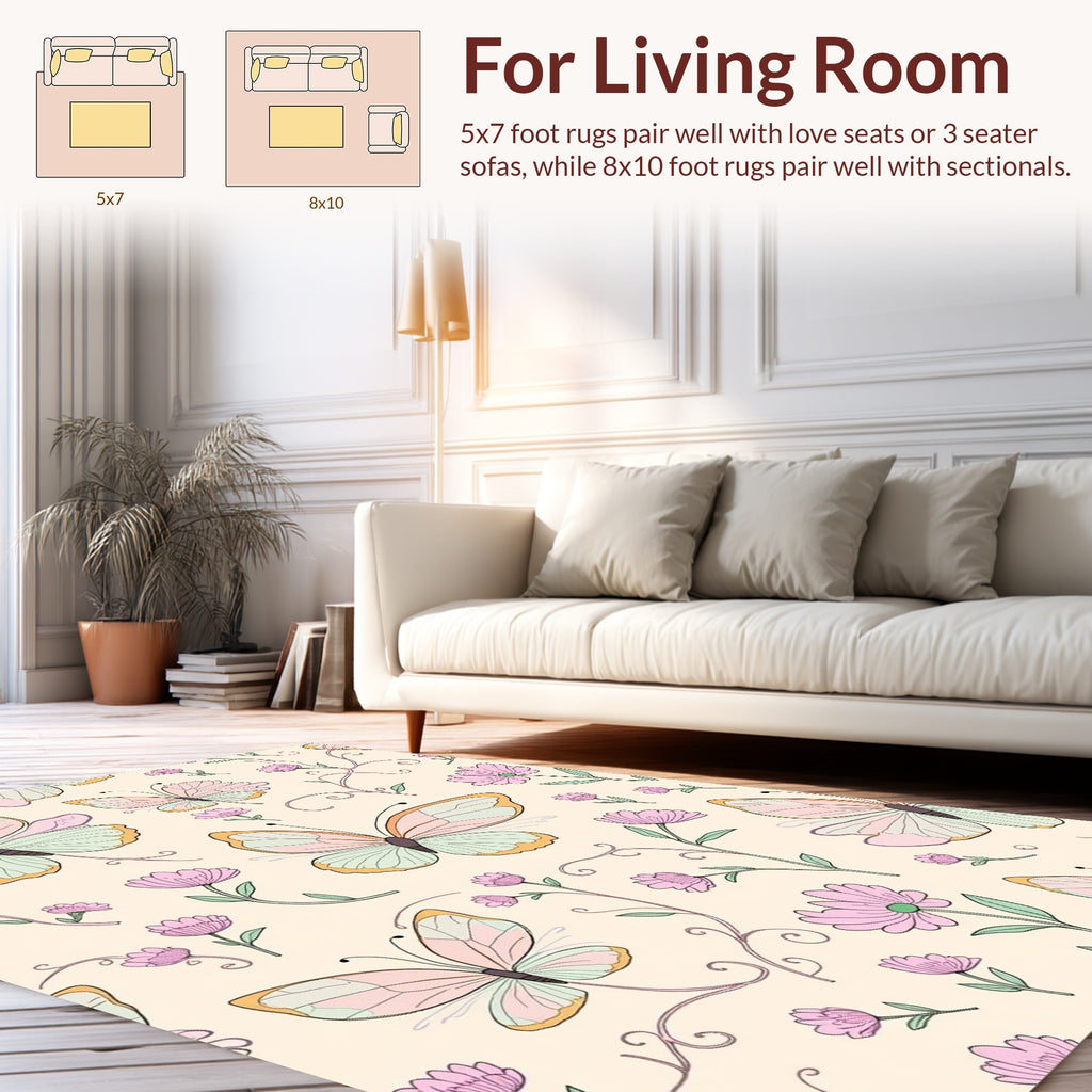 Pastel Butterflies and Delicate Flowers Pattern Rug