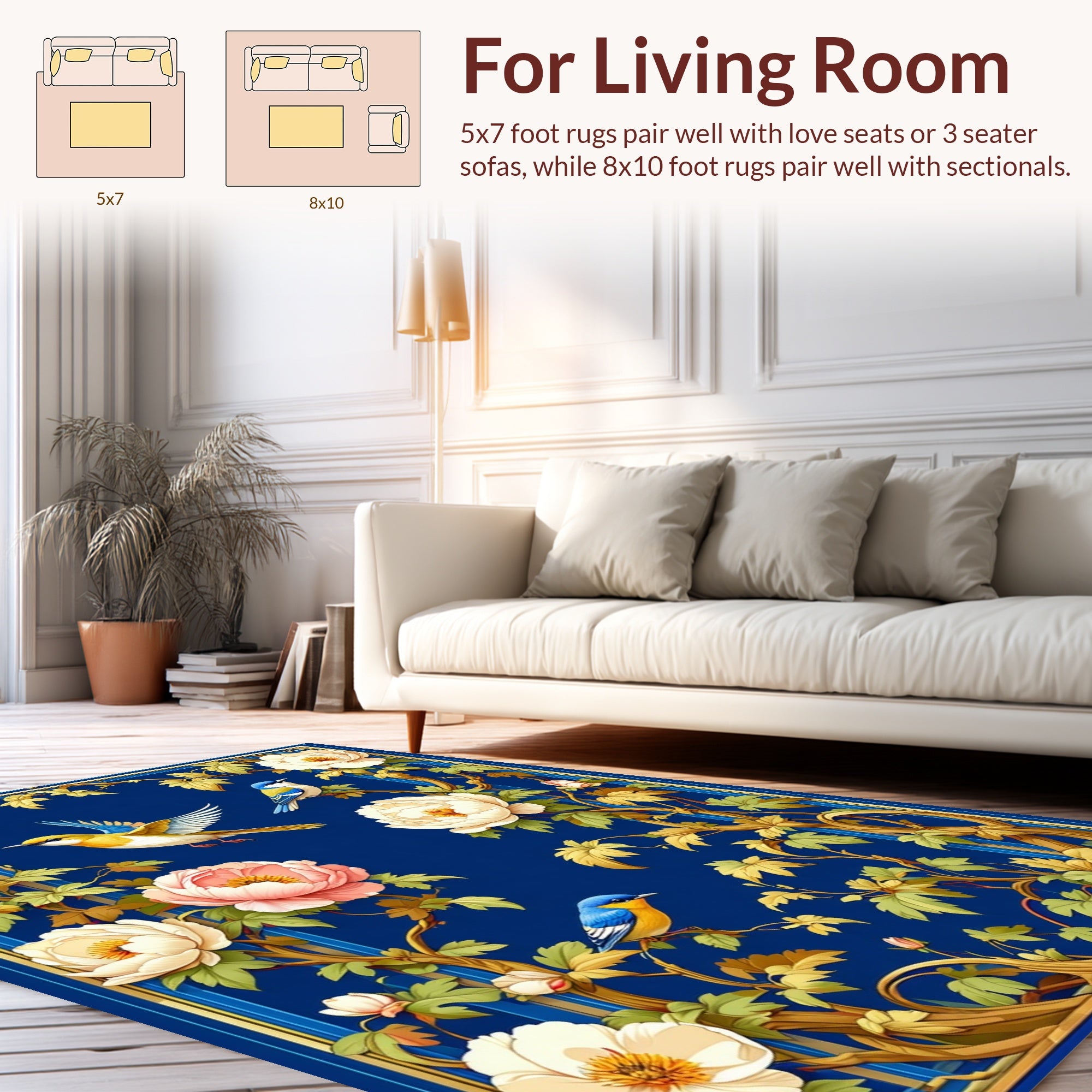 Floral Birds on Blue Background Rug