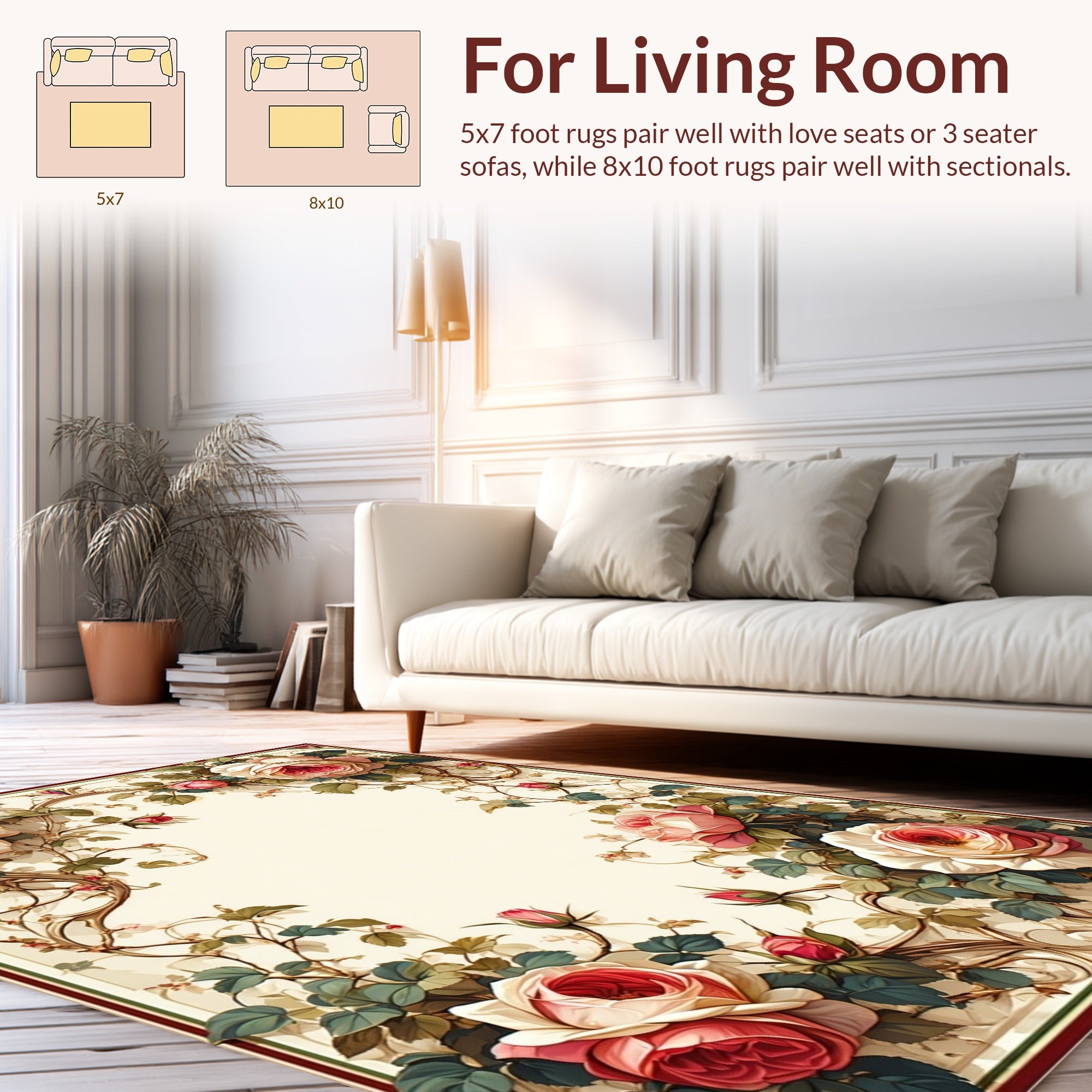 Romantic Floral Scrollwork Rose Design Rug