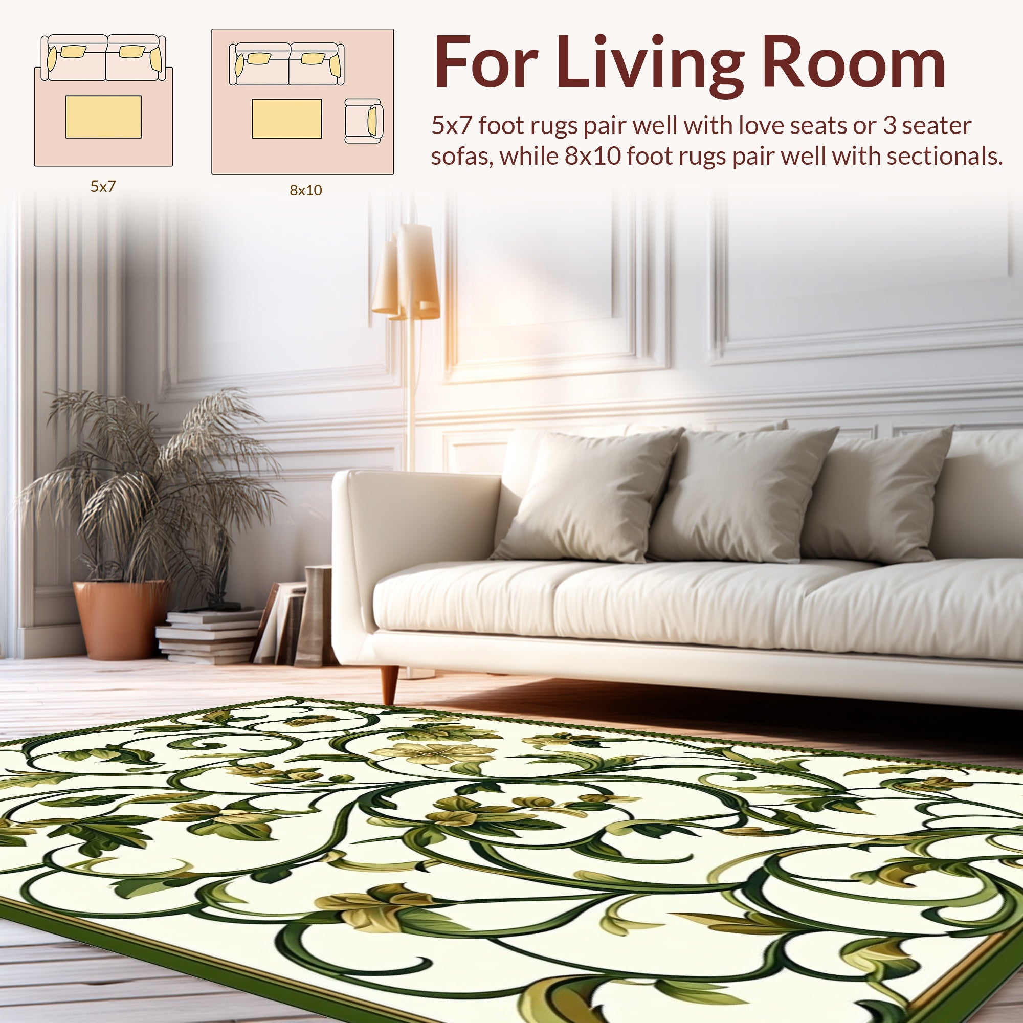 Elegant Green Floral Vine Scroll Design Rug
