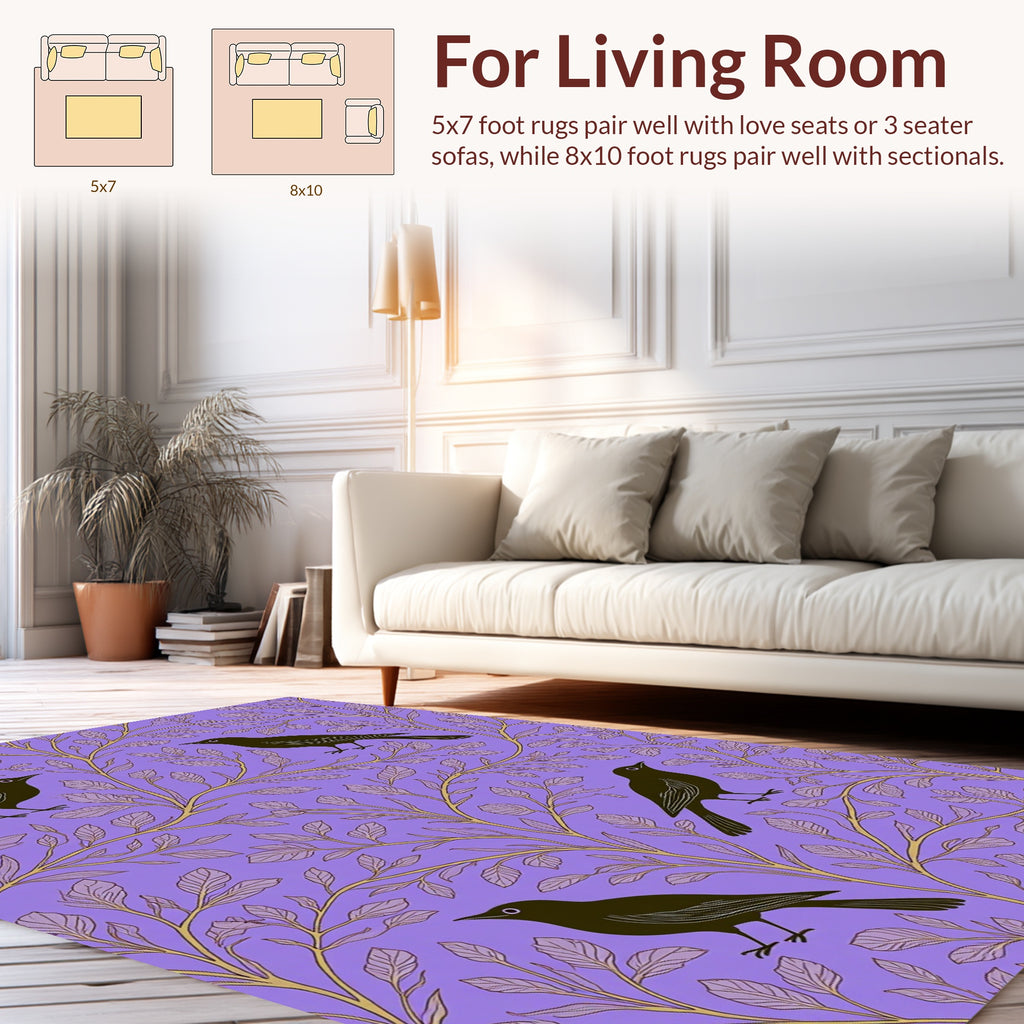 Black Birds on Lavender Branches Rug