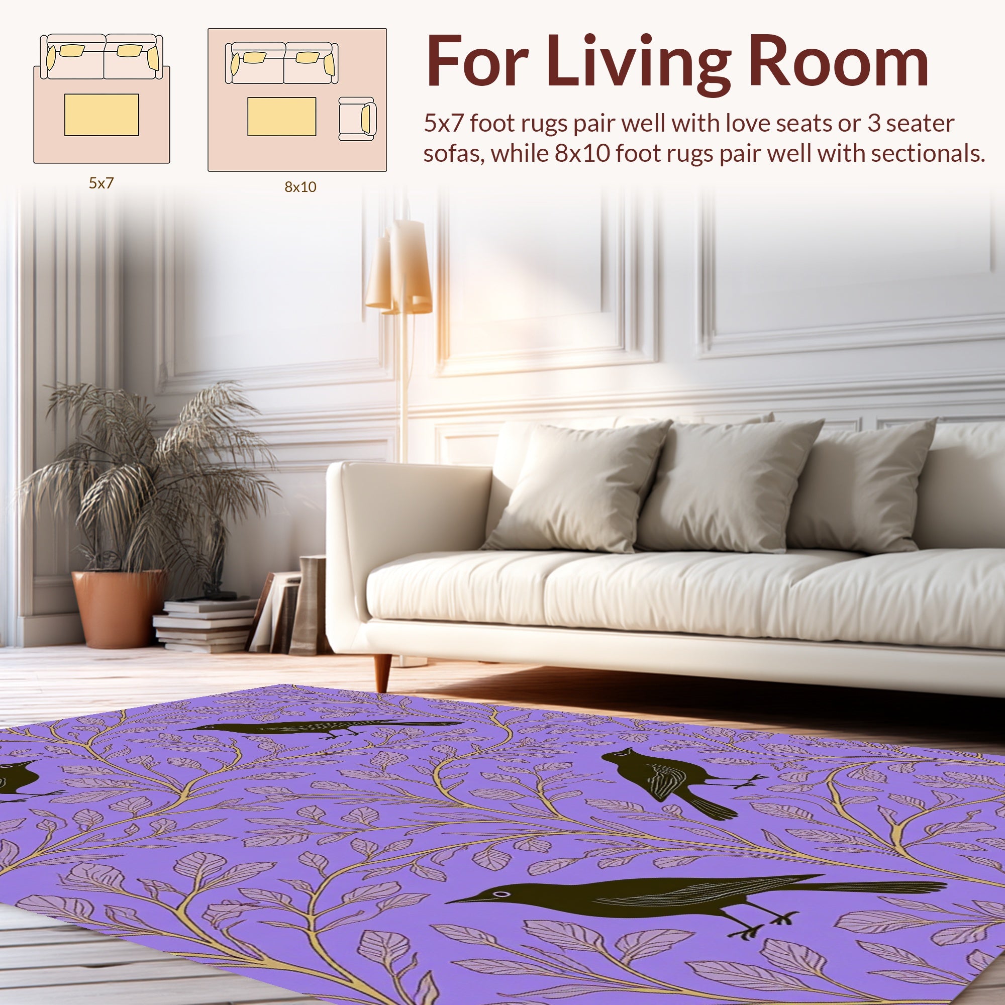 Black Birds on Lavender Branches Rug
