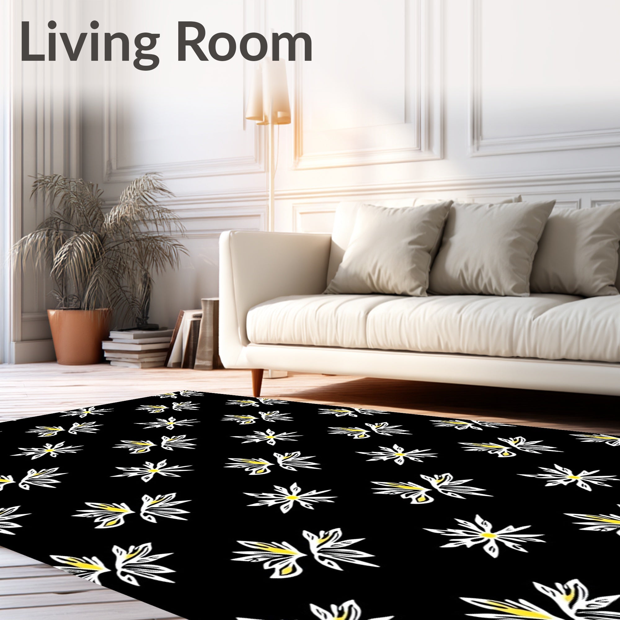 Black White Yellow Floral Burst All-Over Rug