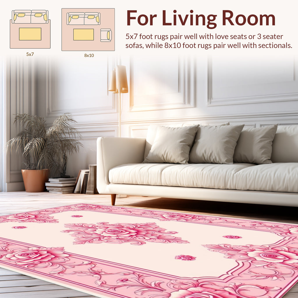 Ornate Pink Rose Floral Filigree Design Rug