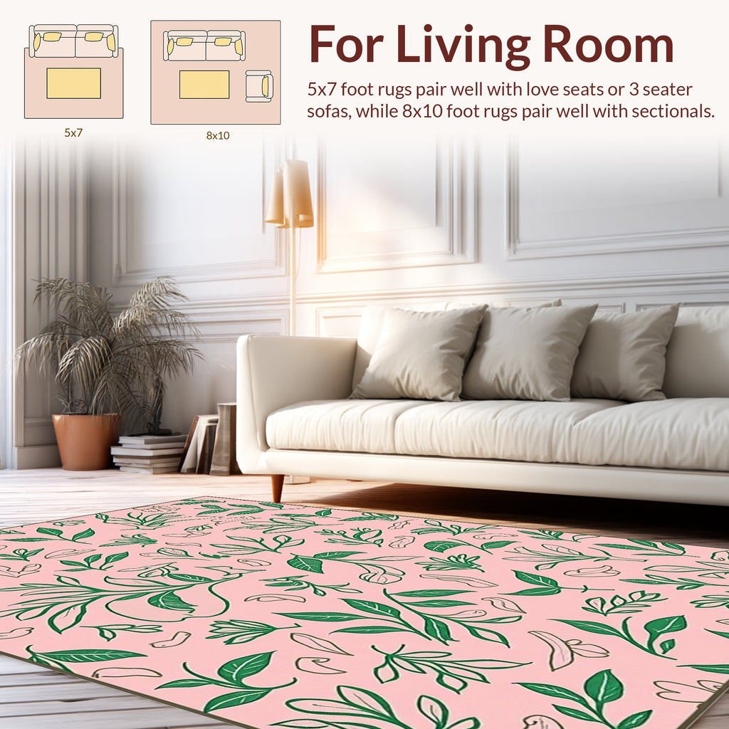 Pink Green Botanical Sketch Pattern Rug
