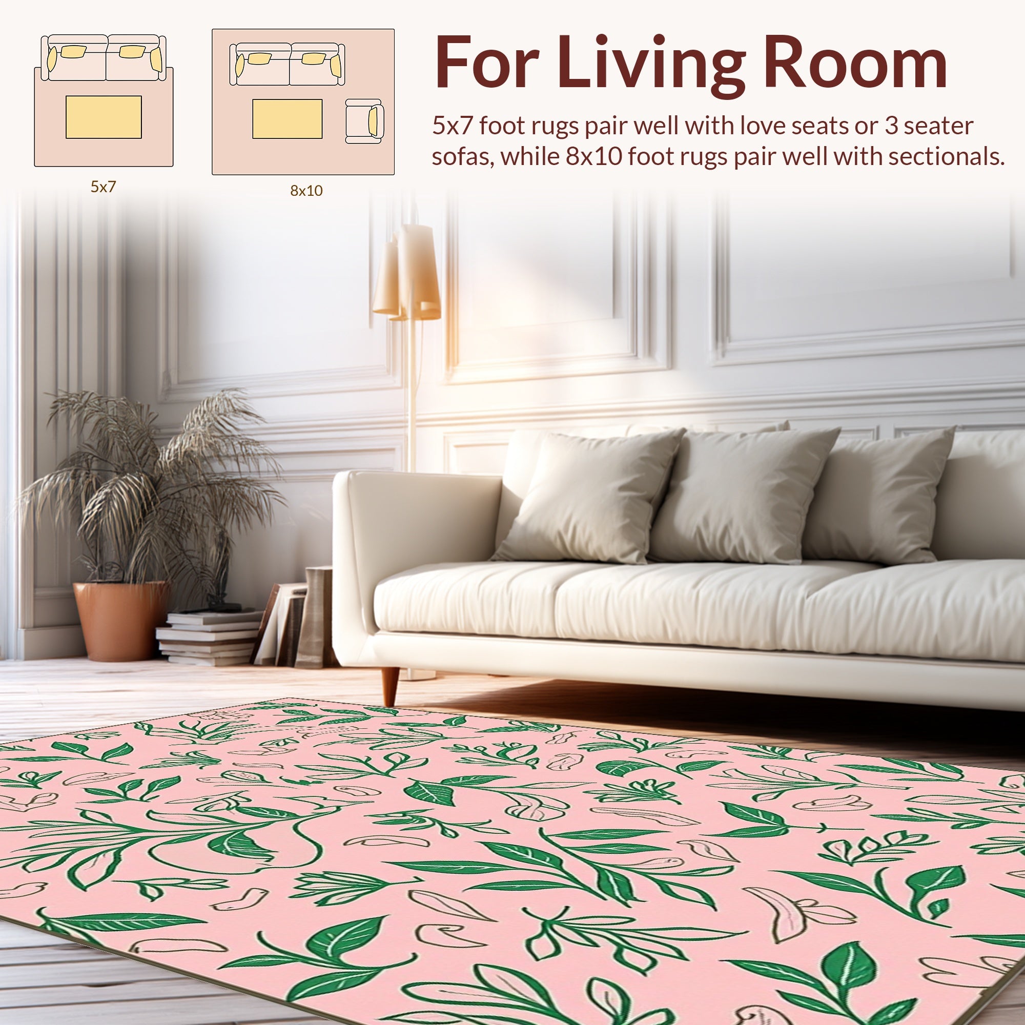 Pink Green Botanical Sketch Pattern Rug