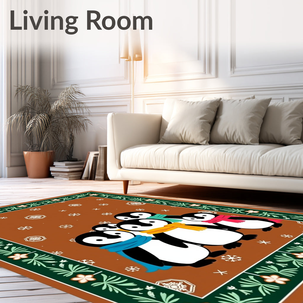 Whimsical Penguin Family Snowflake Border Rug