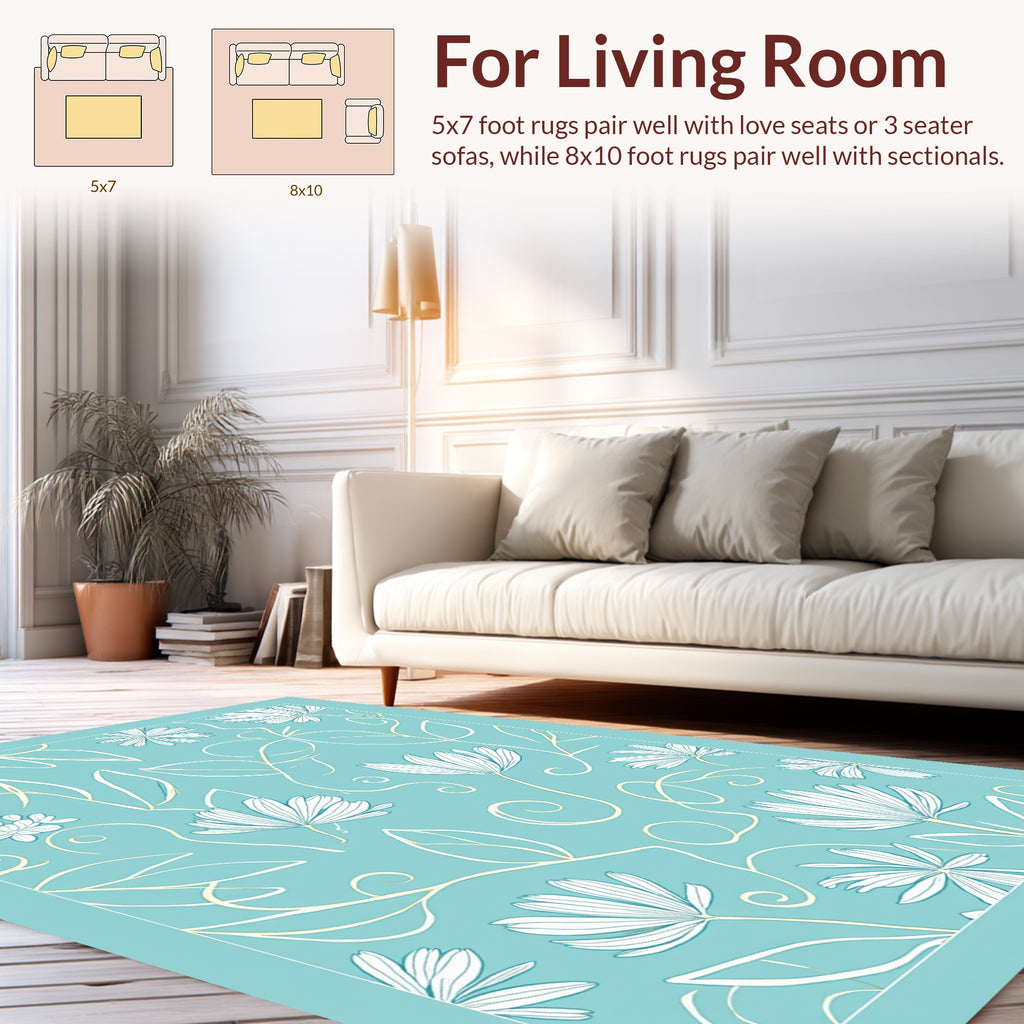 Aqua Floral Swirl Line Art Rug