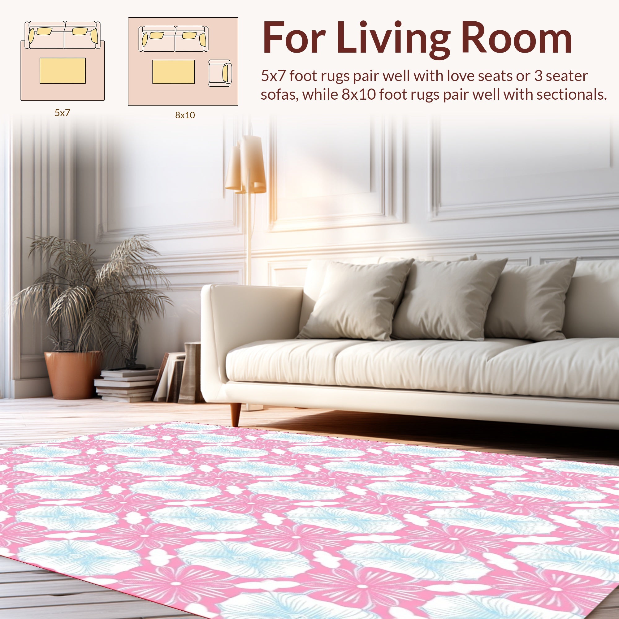 Pink Blue Floral Geometric Pattern Rug