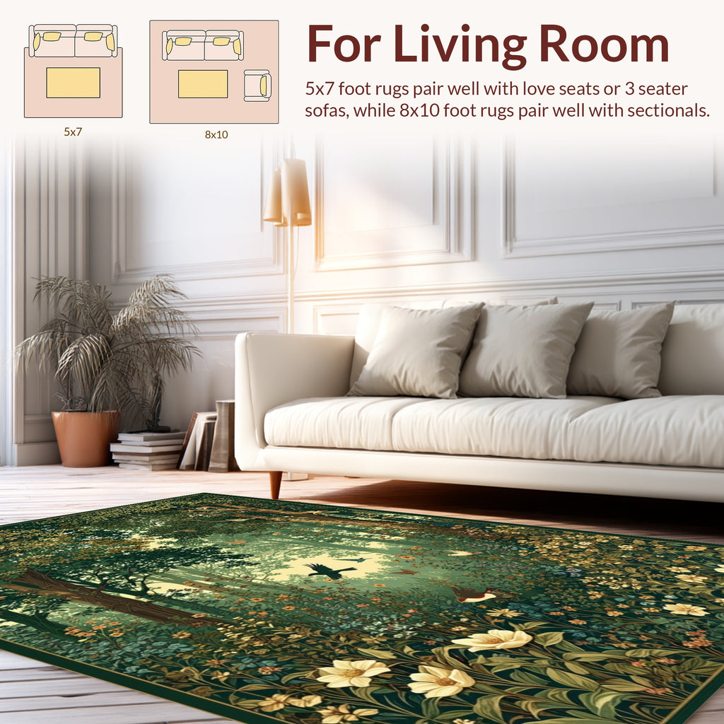 Enchanted Forest Bird Floral Scene Rug