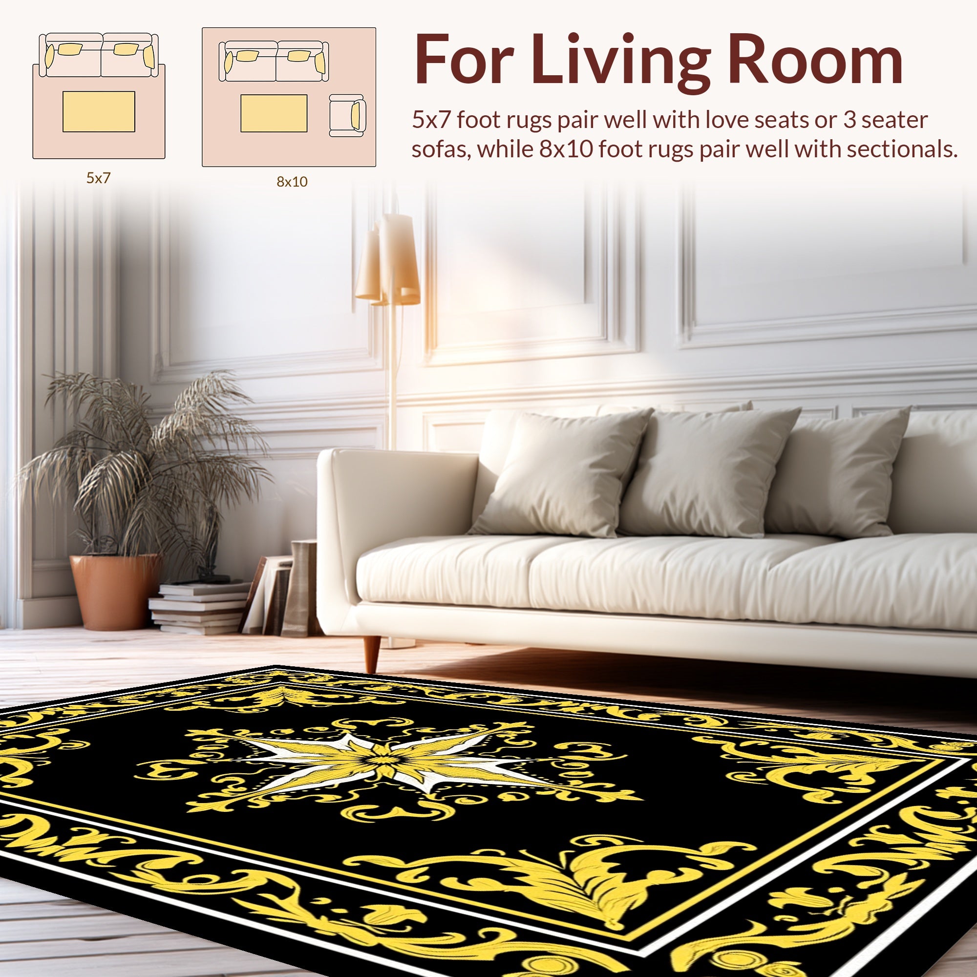 Ornate Black and Yellow Floral Scroll Rug