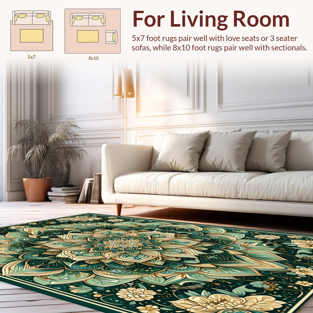 Emerald Gold Floral Mandala Design Rug