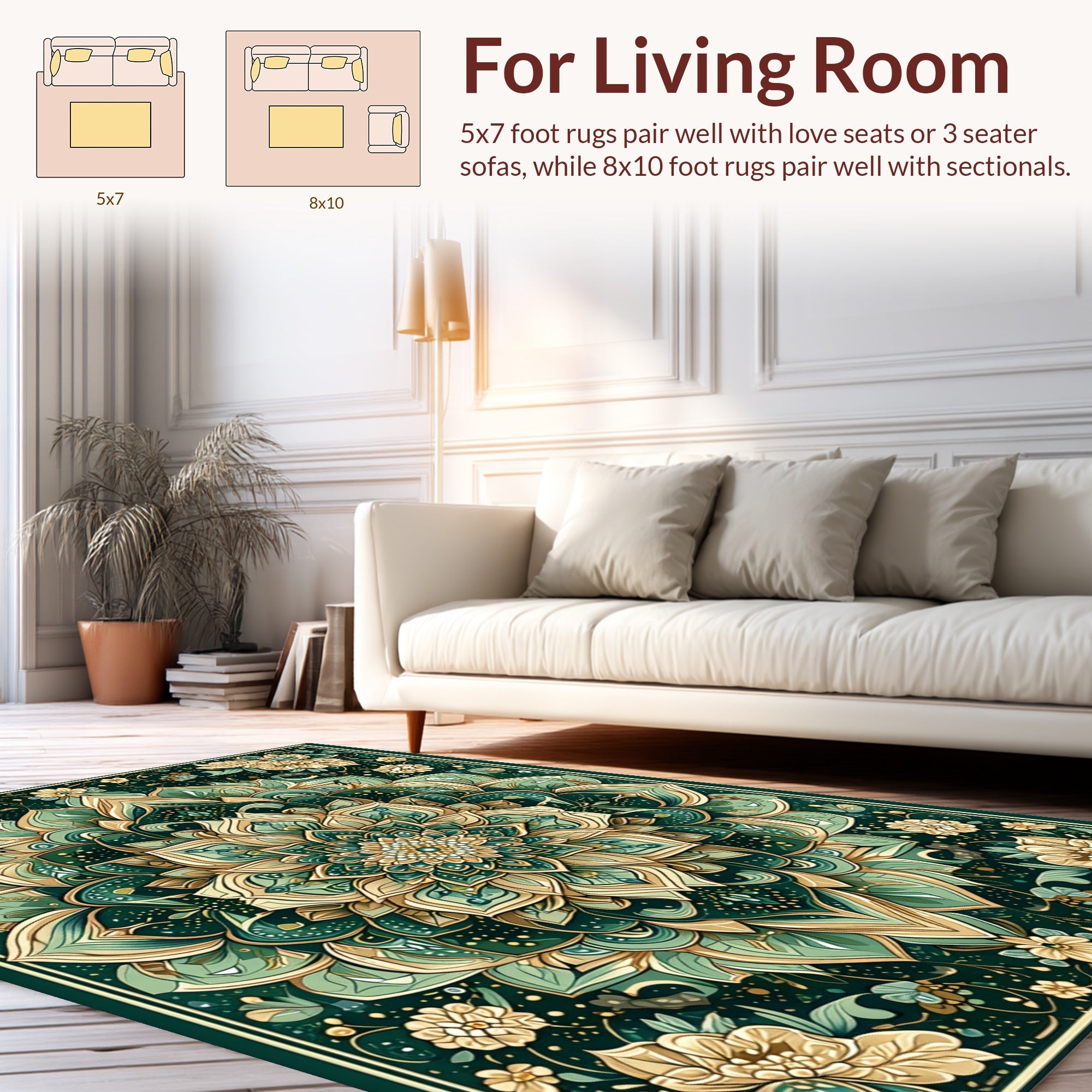Emerald Gold Floral Mandala Design Rug
