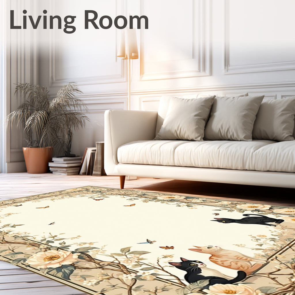 Floral Cats And Butterflies Scenic Design Rug