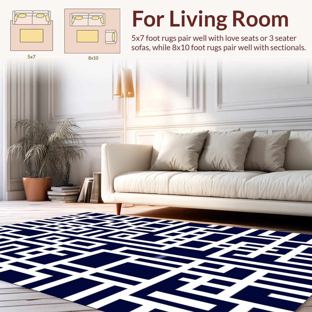 Abstract Labyrinth Blue White Pattern Rug