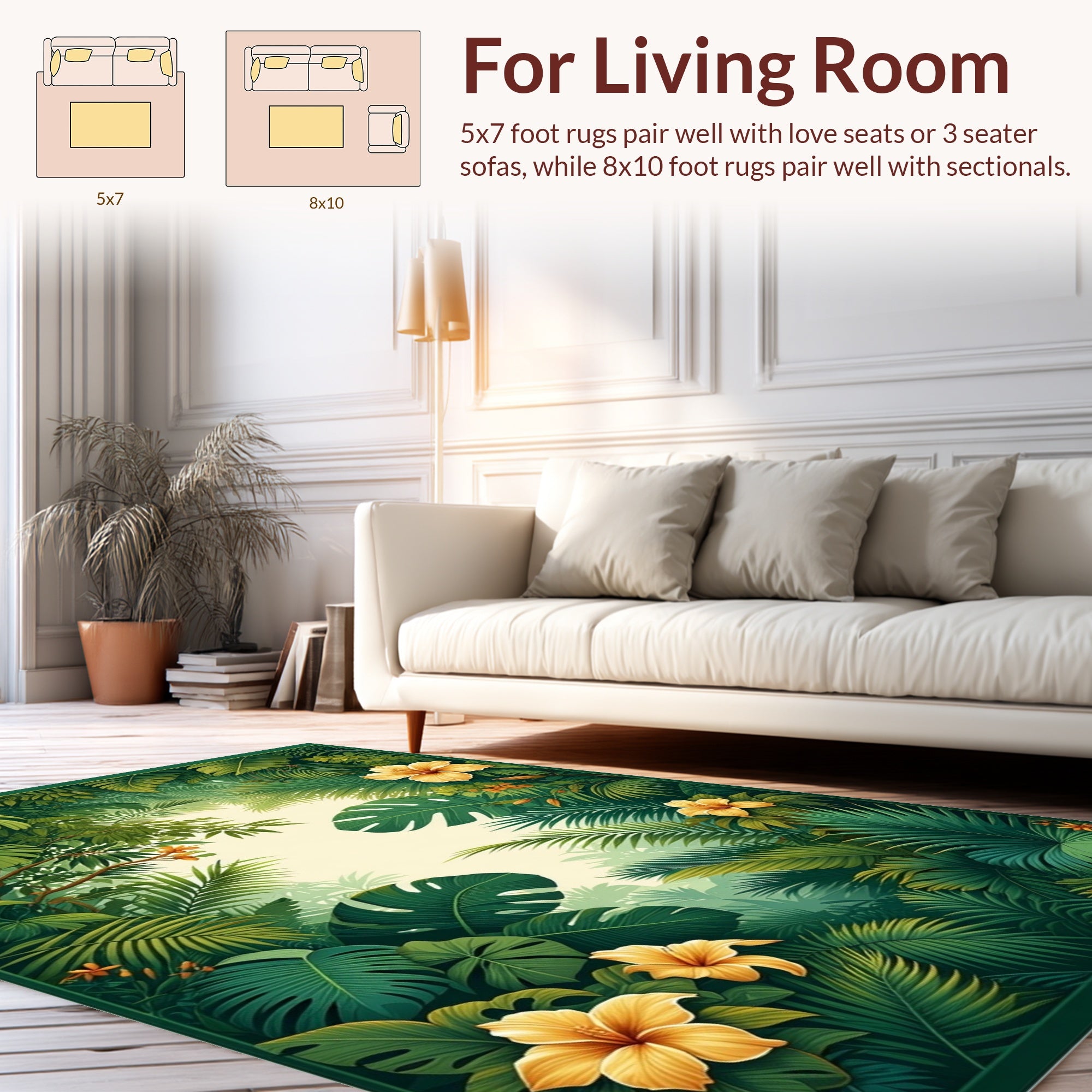 Lush Tropical Greenery Hibiscus Flowers Rug