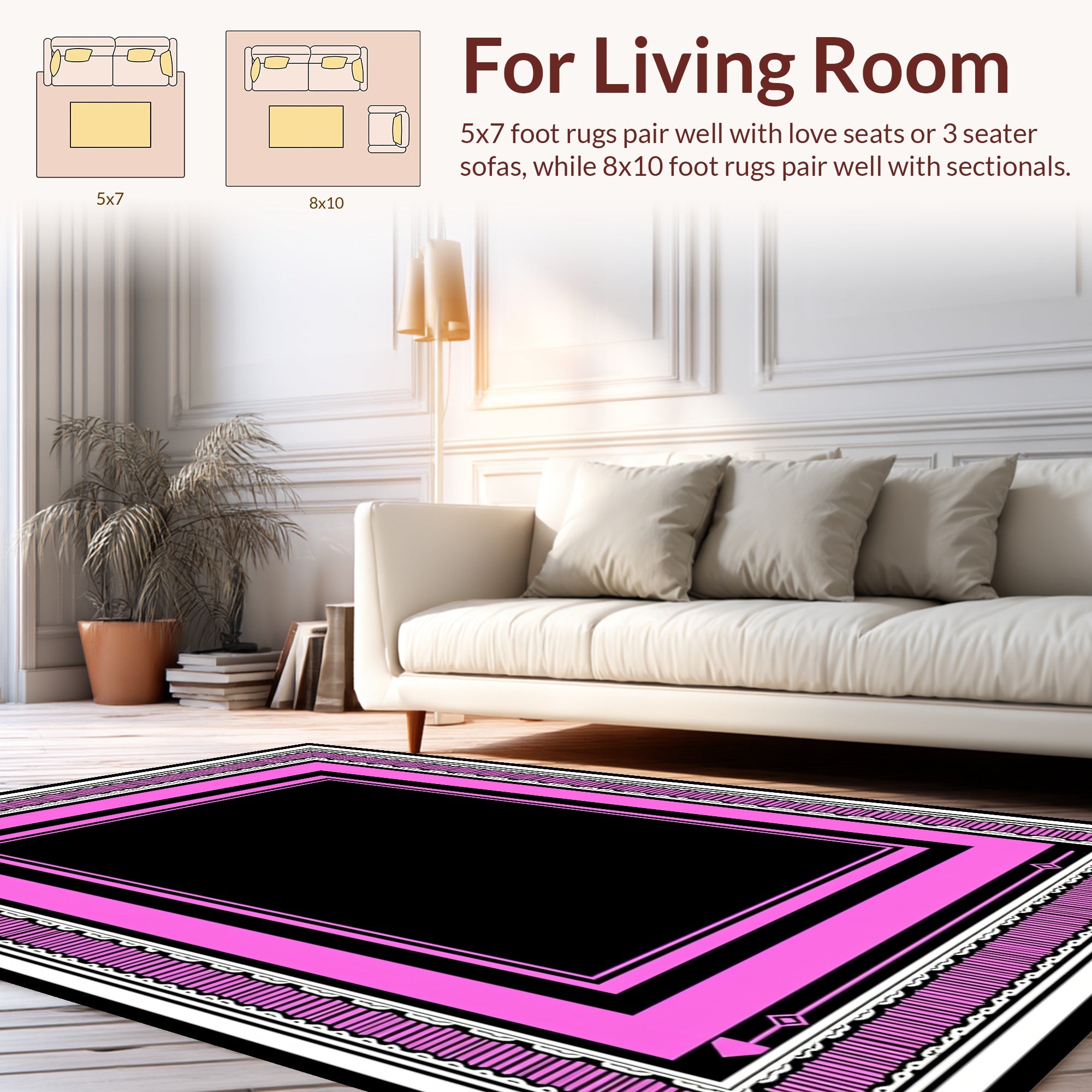 Pink Geometric Bordered Black Rug