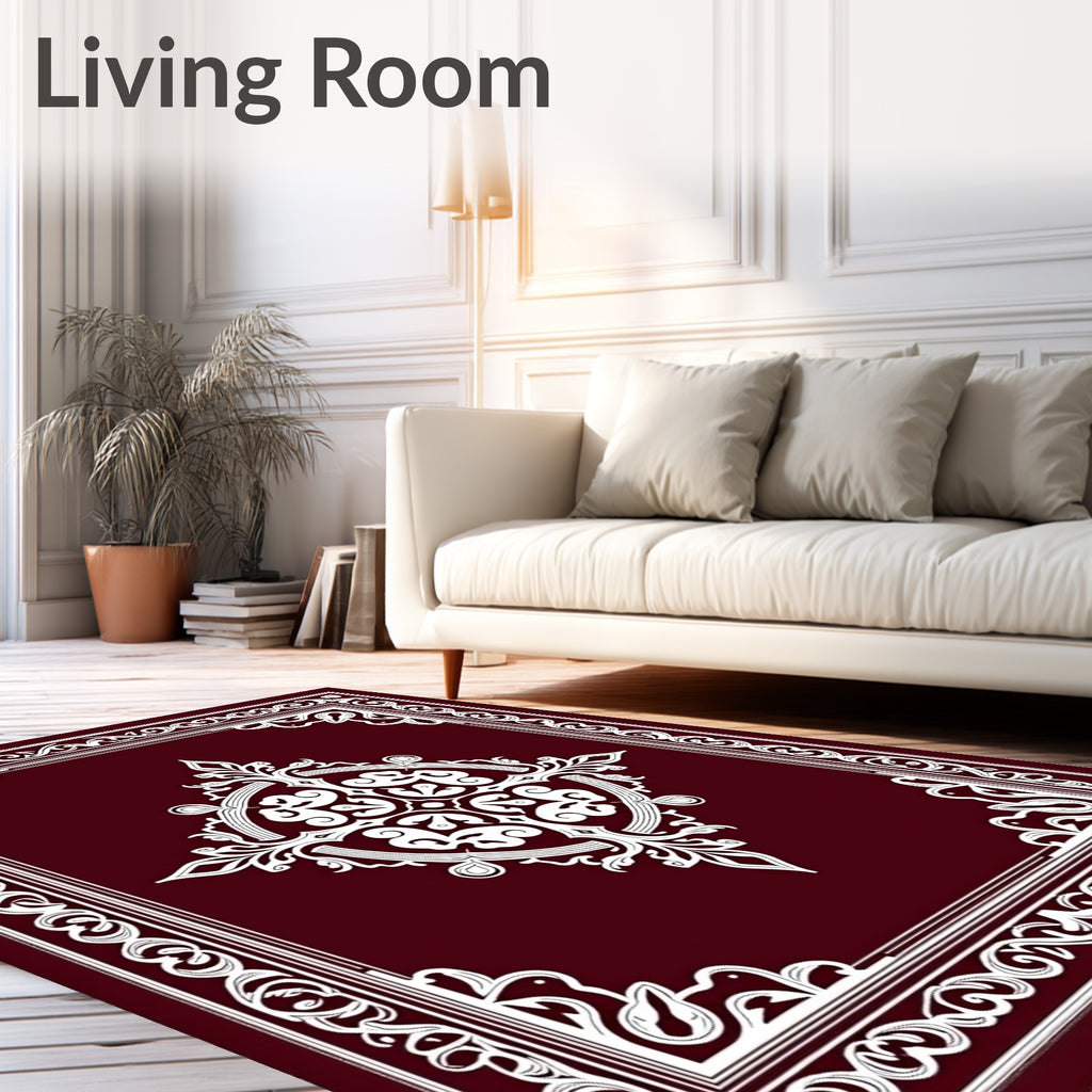 Maroon White Ornamental Floral Medallion Rug