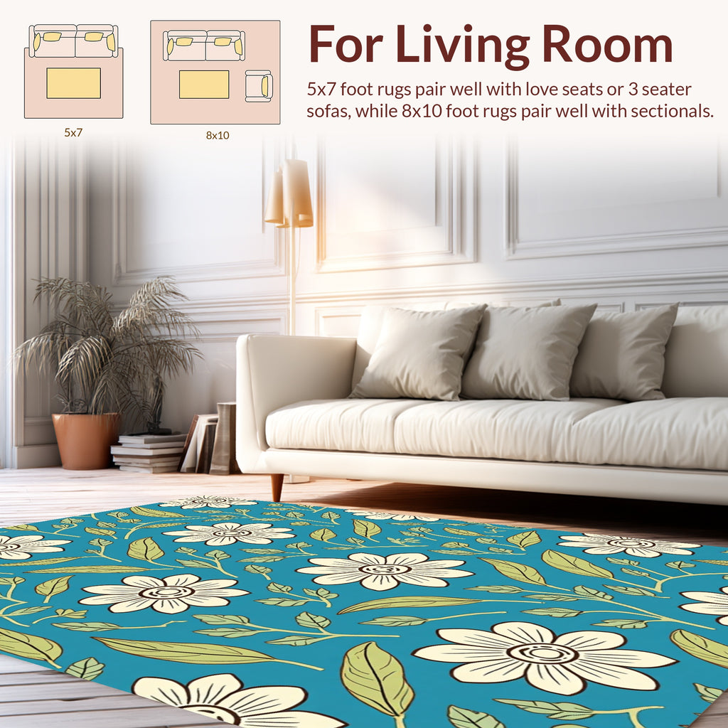 Cream and Green Floral Botanical Motif Rug