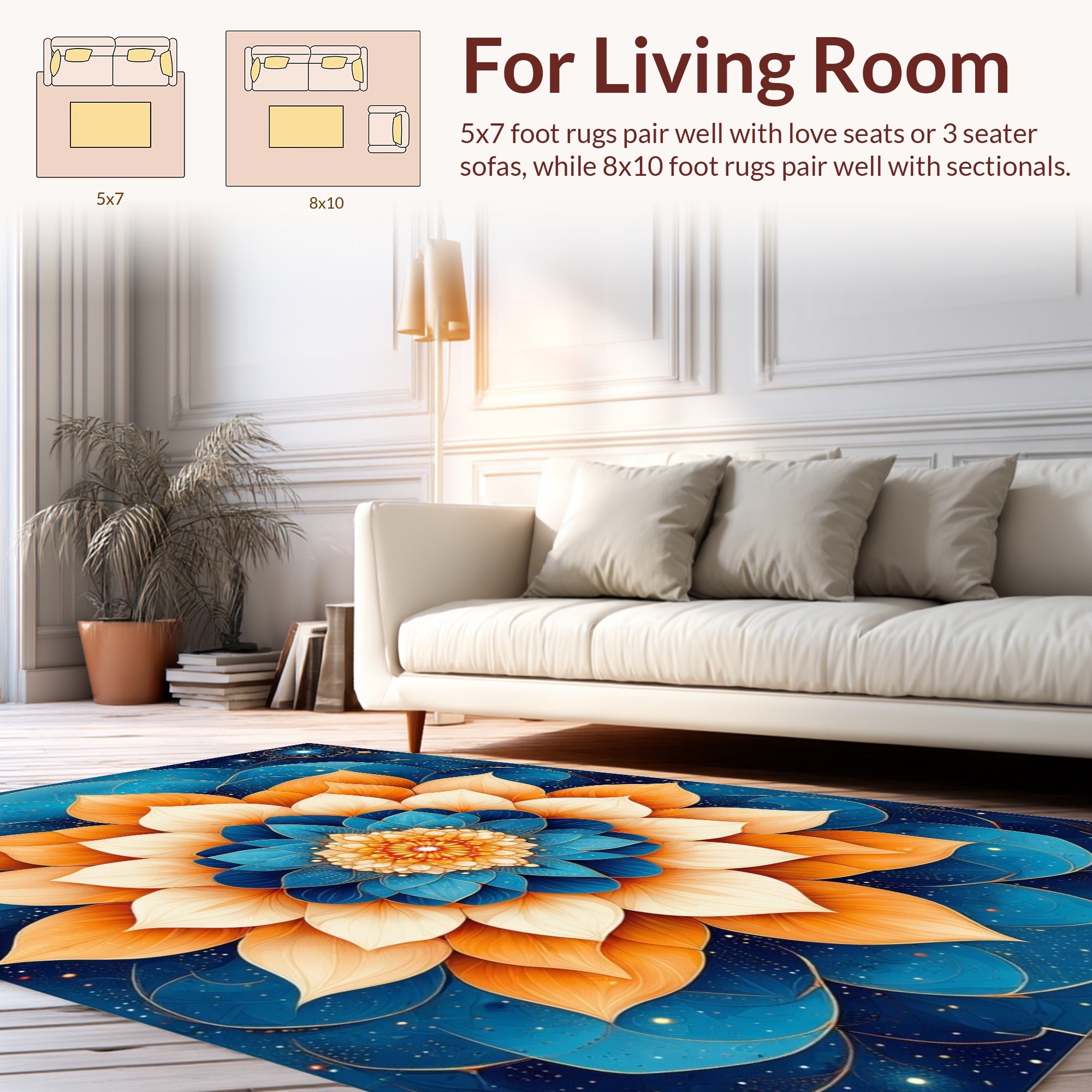 Mandala Floral Pattern Blue Orange Rug