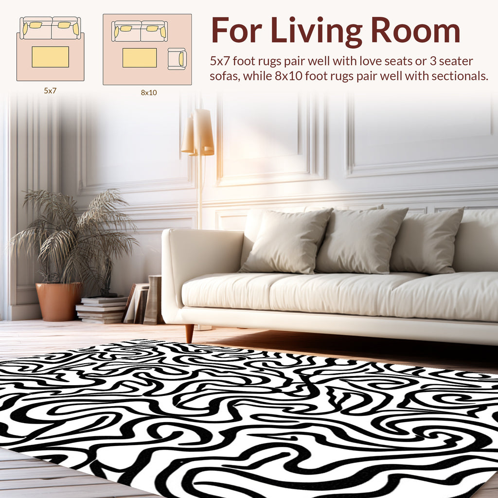 Abstract Black Wavy Pattern Rug