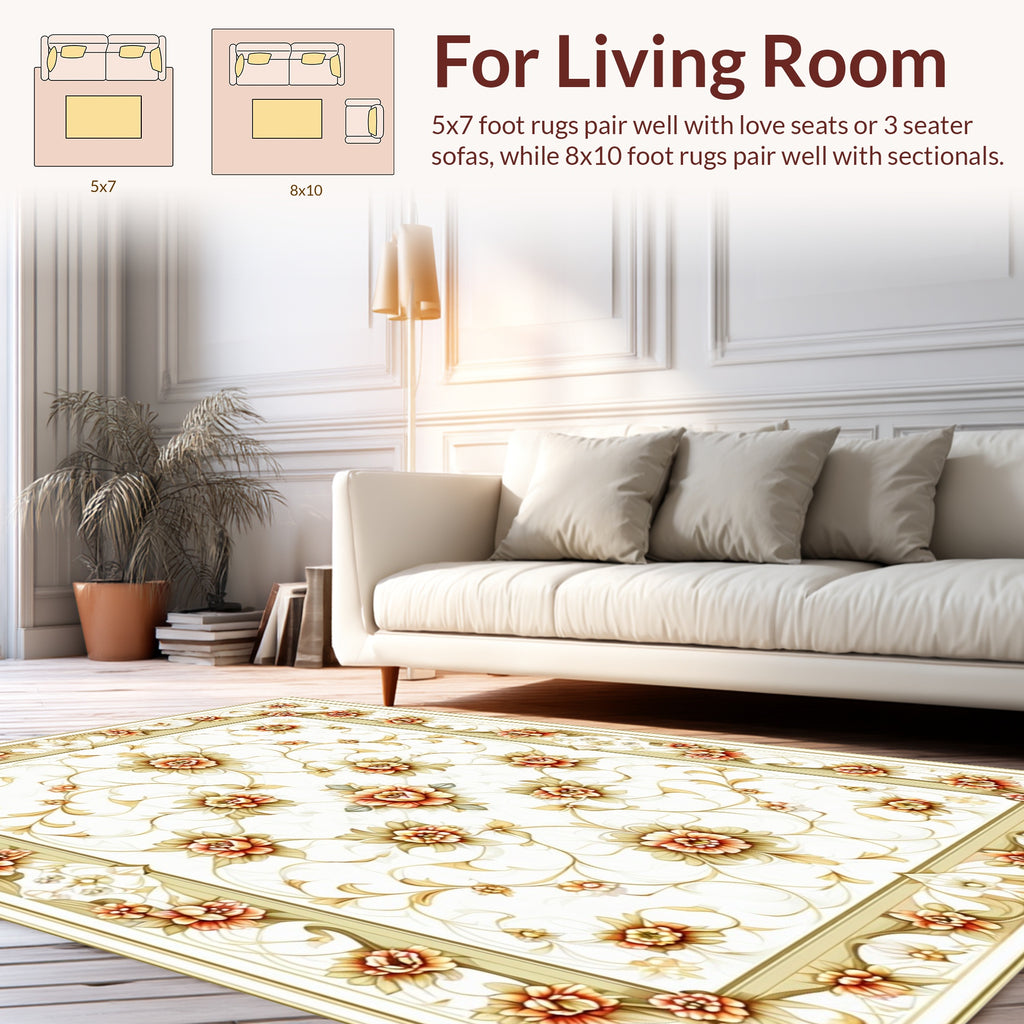 Elegant Floral Patterned Creamy Rug