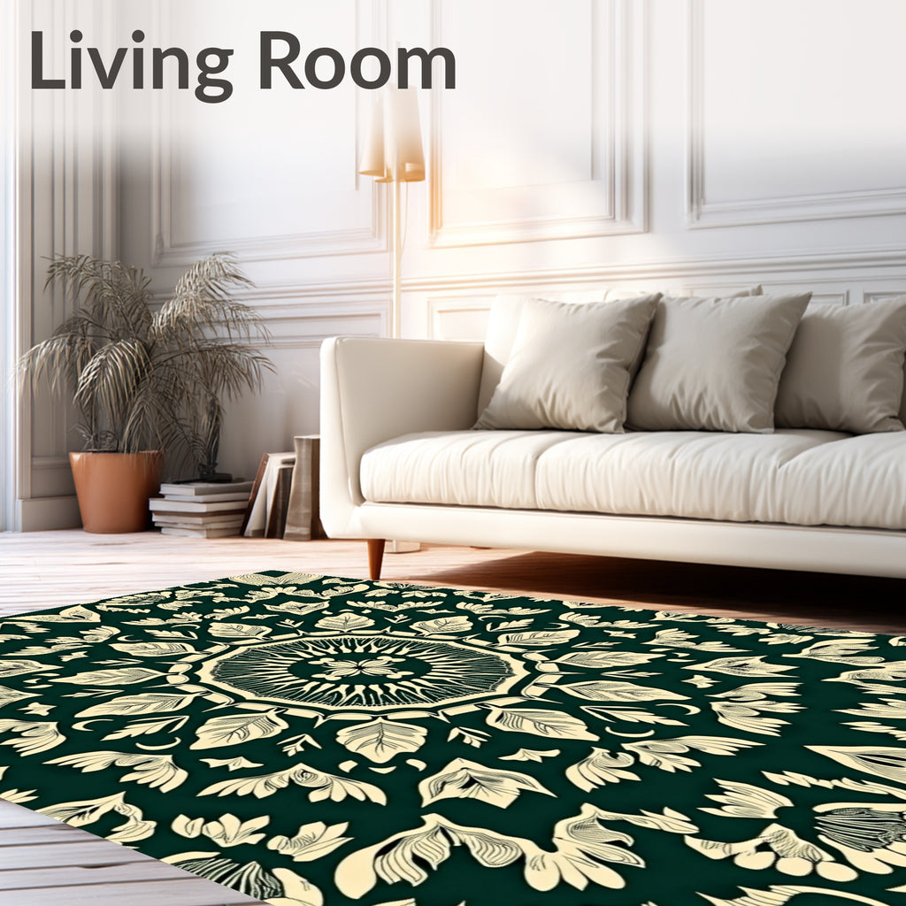 Ivory Botanical Mandala On Deep Green Rug