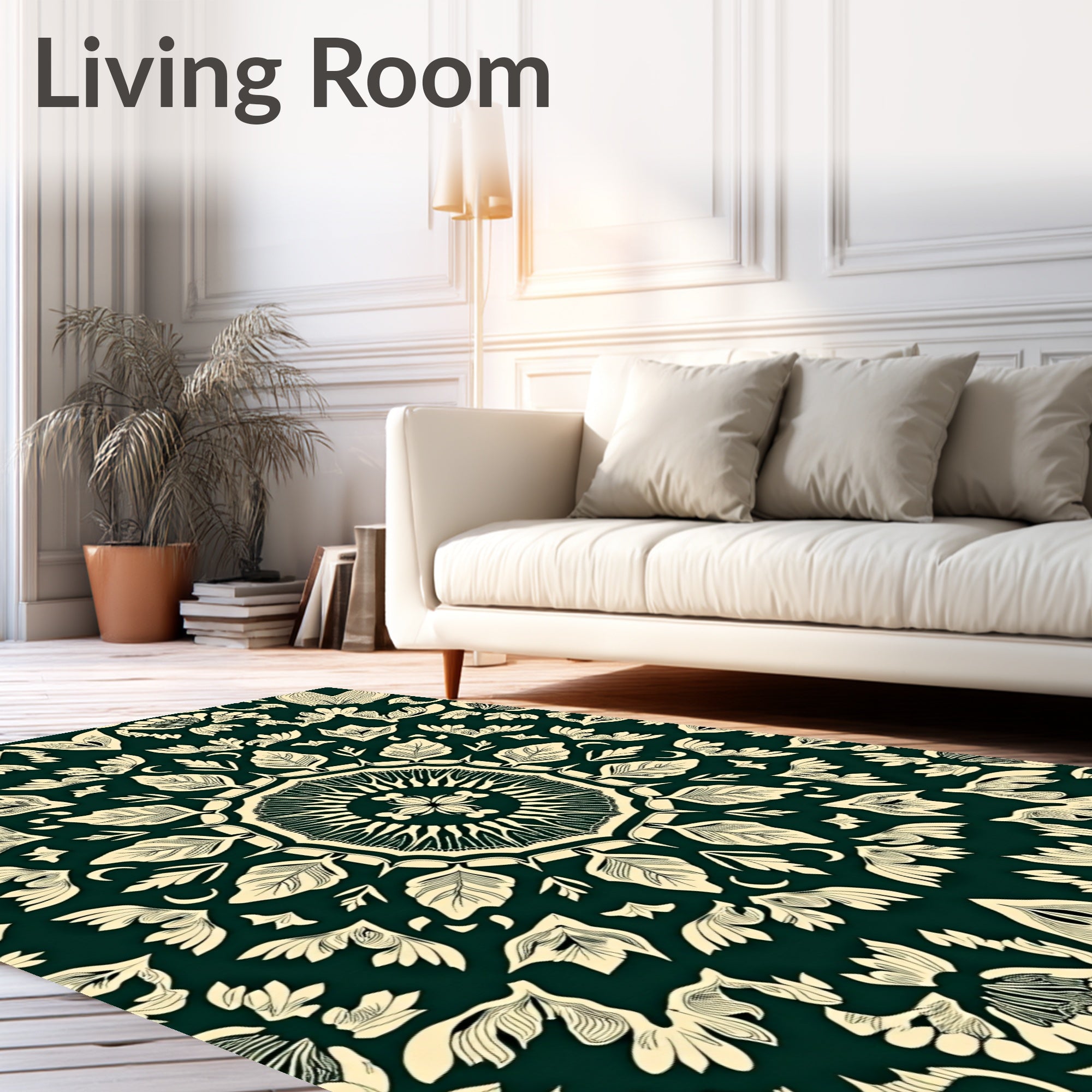 Ivory Botanical Mandala On Deep Green Rug