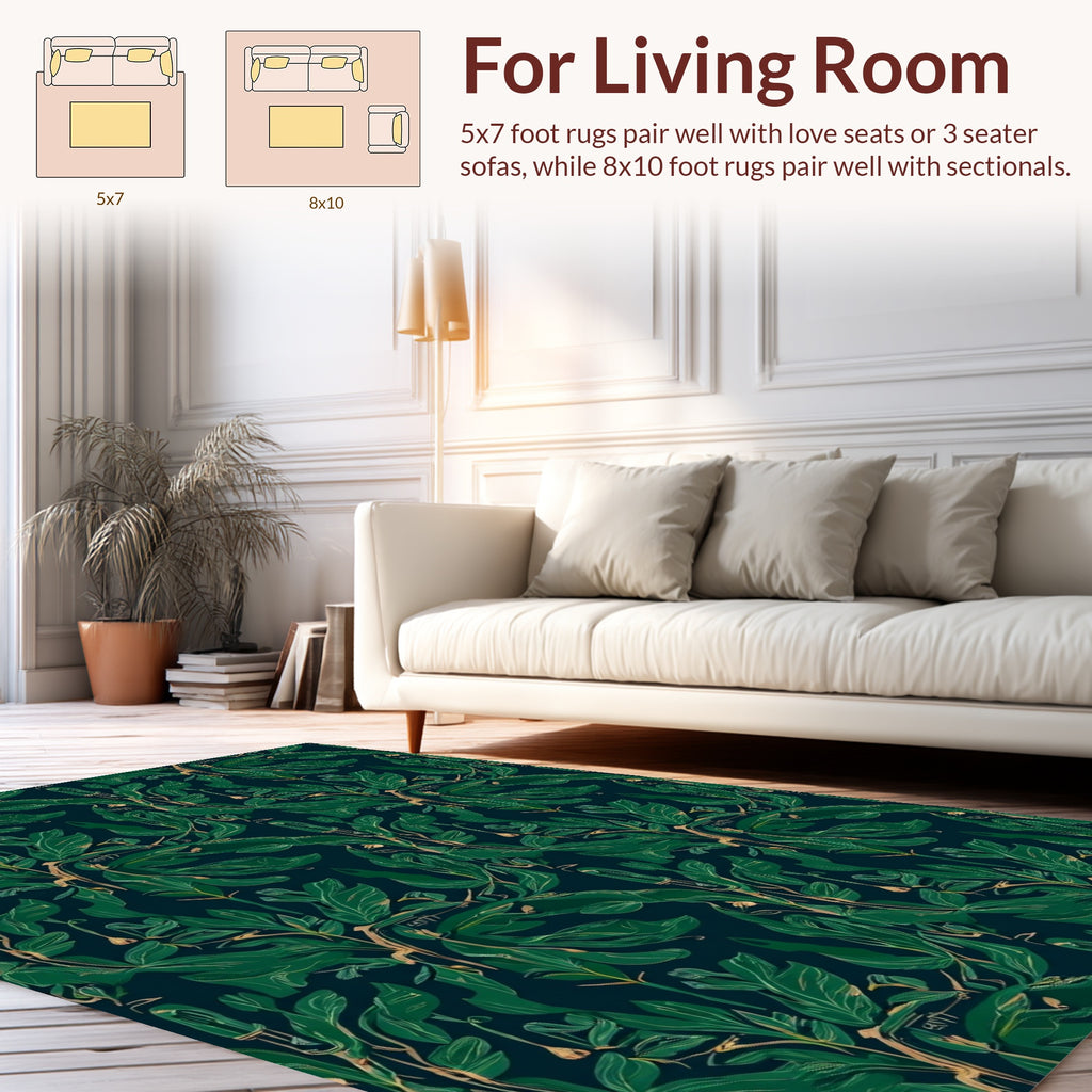 Dark Green Leafy Branch Pattern Rug