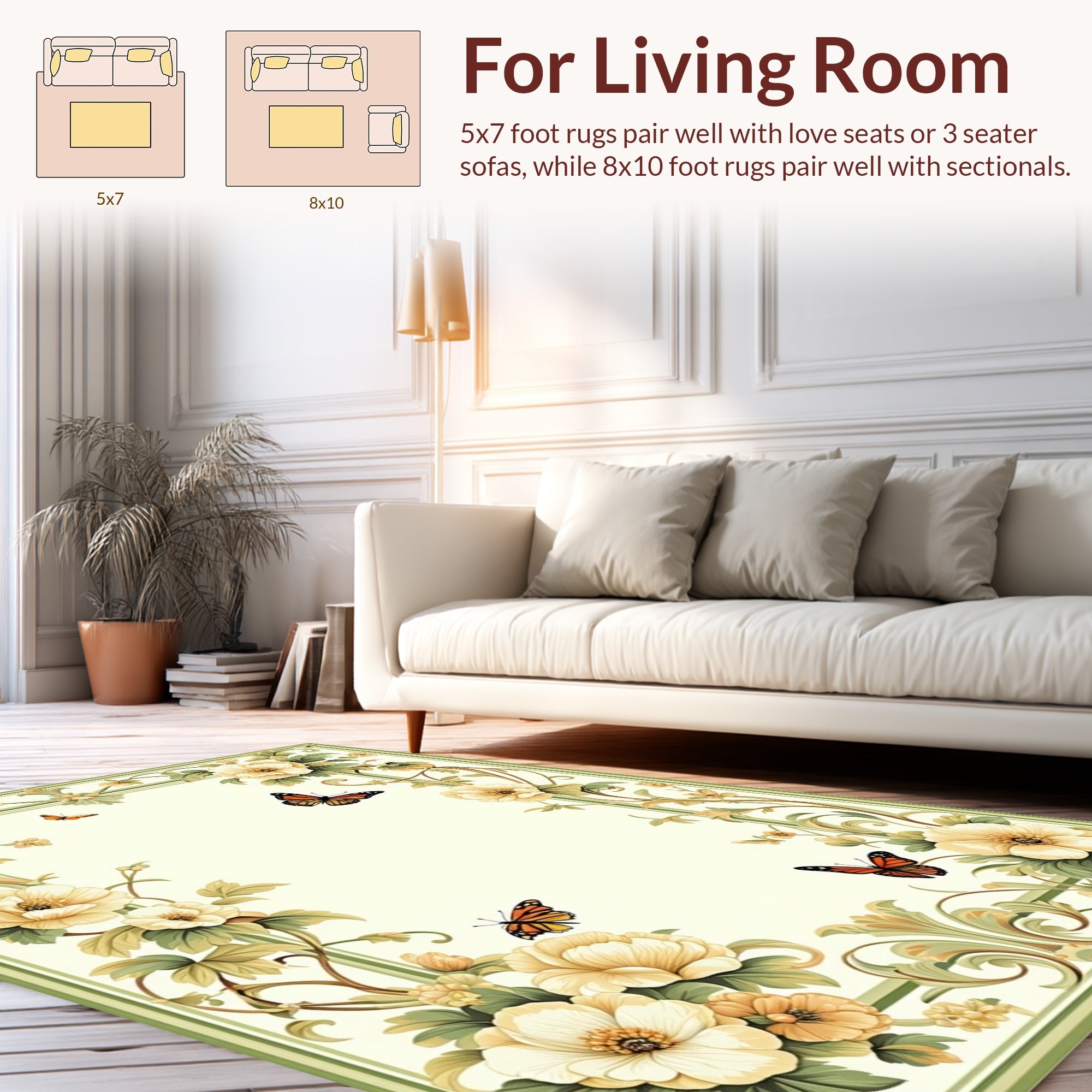 Floral Butterflies With Green Border Rug