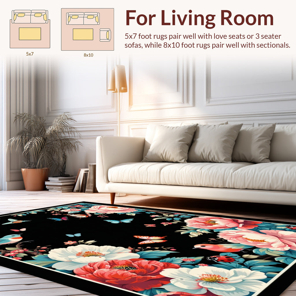 Floral Birds Butterflies Ladybugs Design Rug