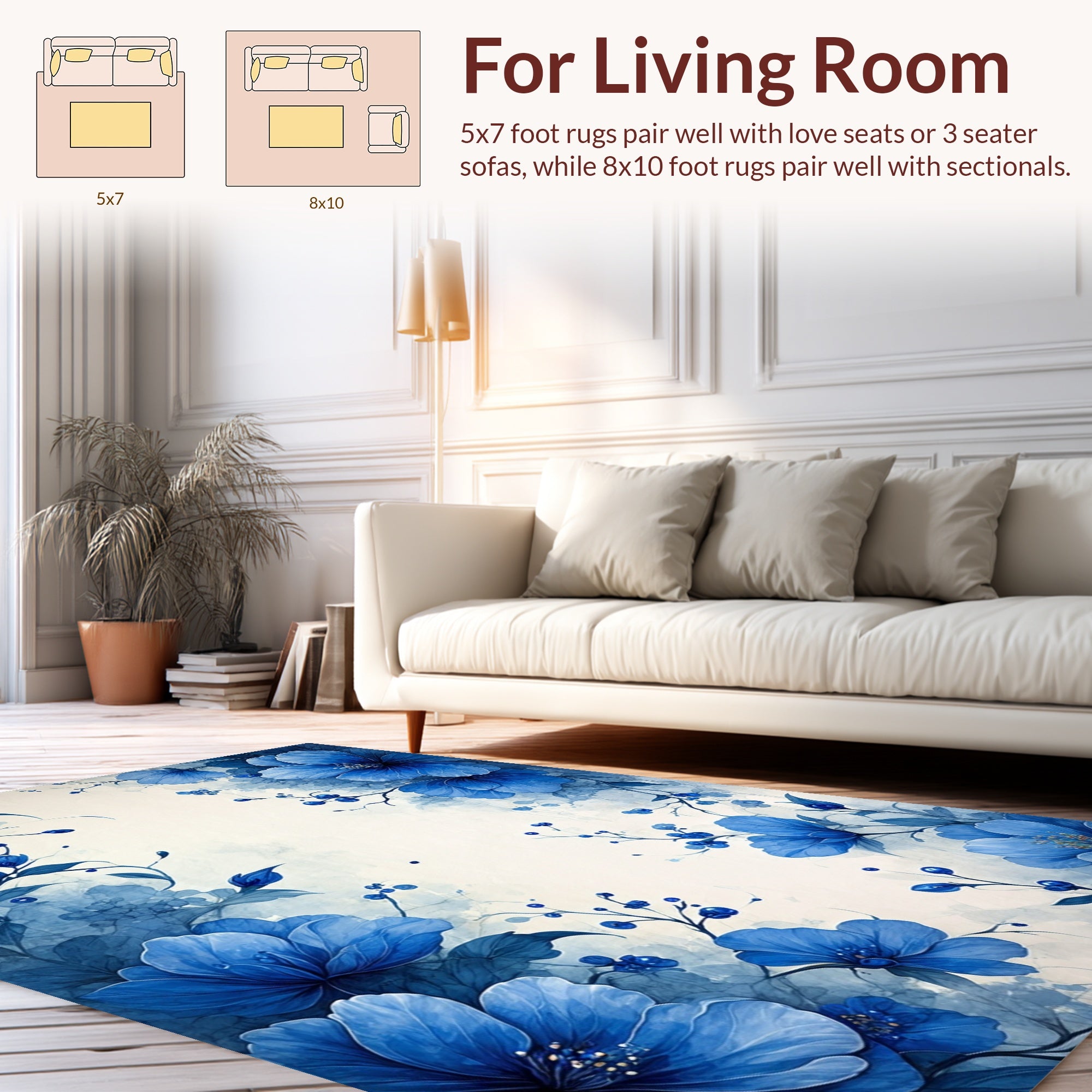 Blue Floral Watercolor Patterned Rug