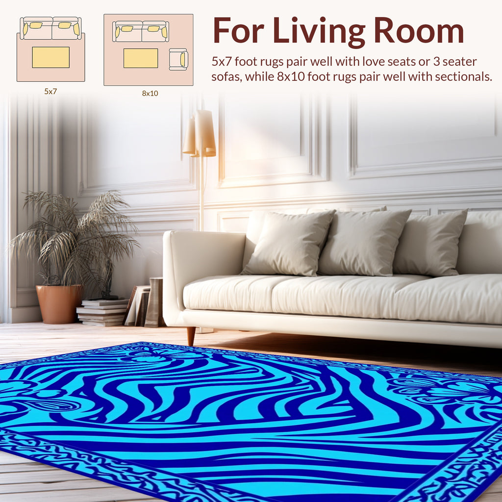 Bold Blue Floral Zebra Stripes Design Rug