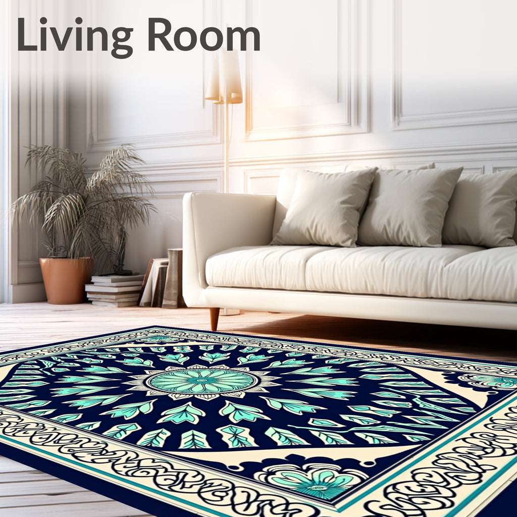 Navy Teal Floral Medallion Border Rug