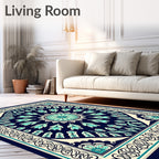 Navy Teal Floral Medallion Border Rug