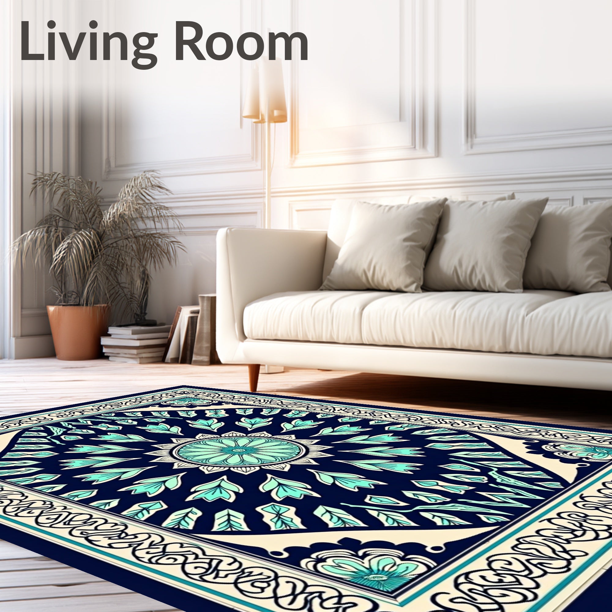 Navy Teal Floral Medallion Border Rug
