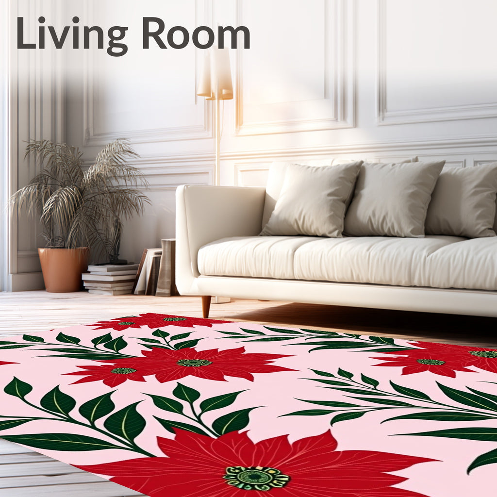 Crimson Poinsettia Floral Branch Rug