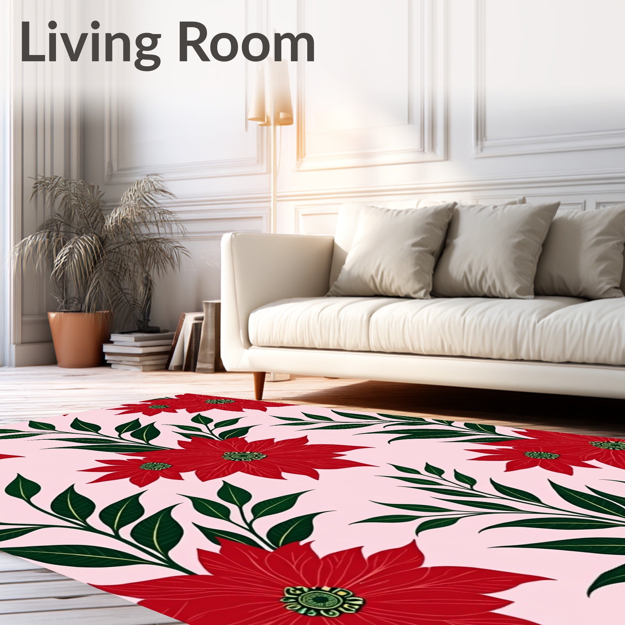 Crimson Poinsettia Floral Branch Rug