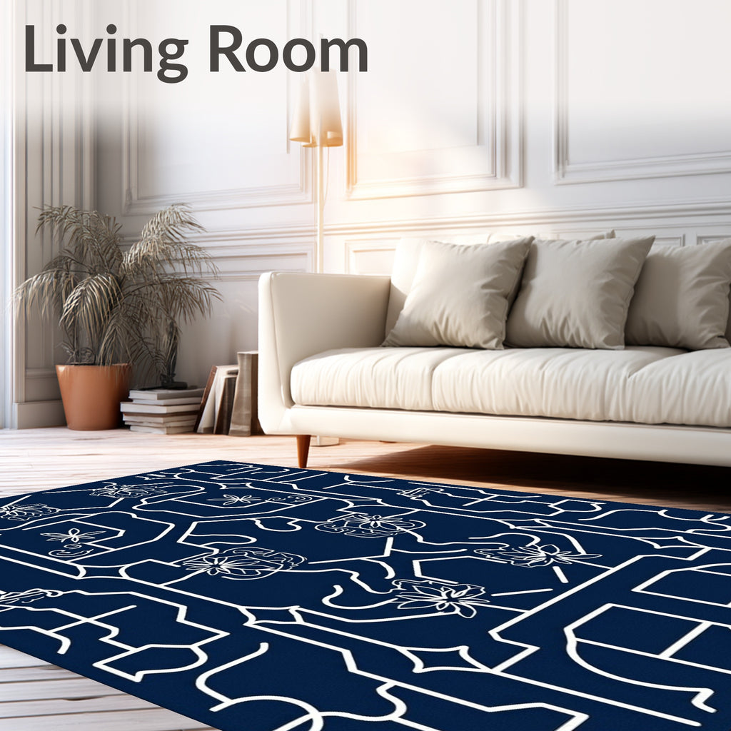 Navy White Floral Gate Composition Rug