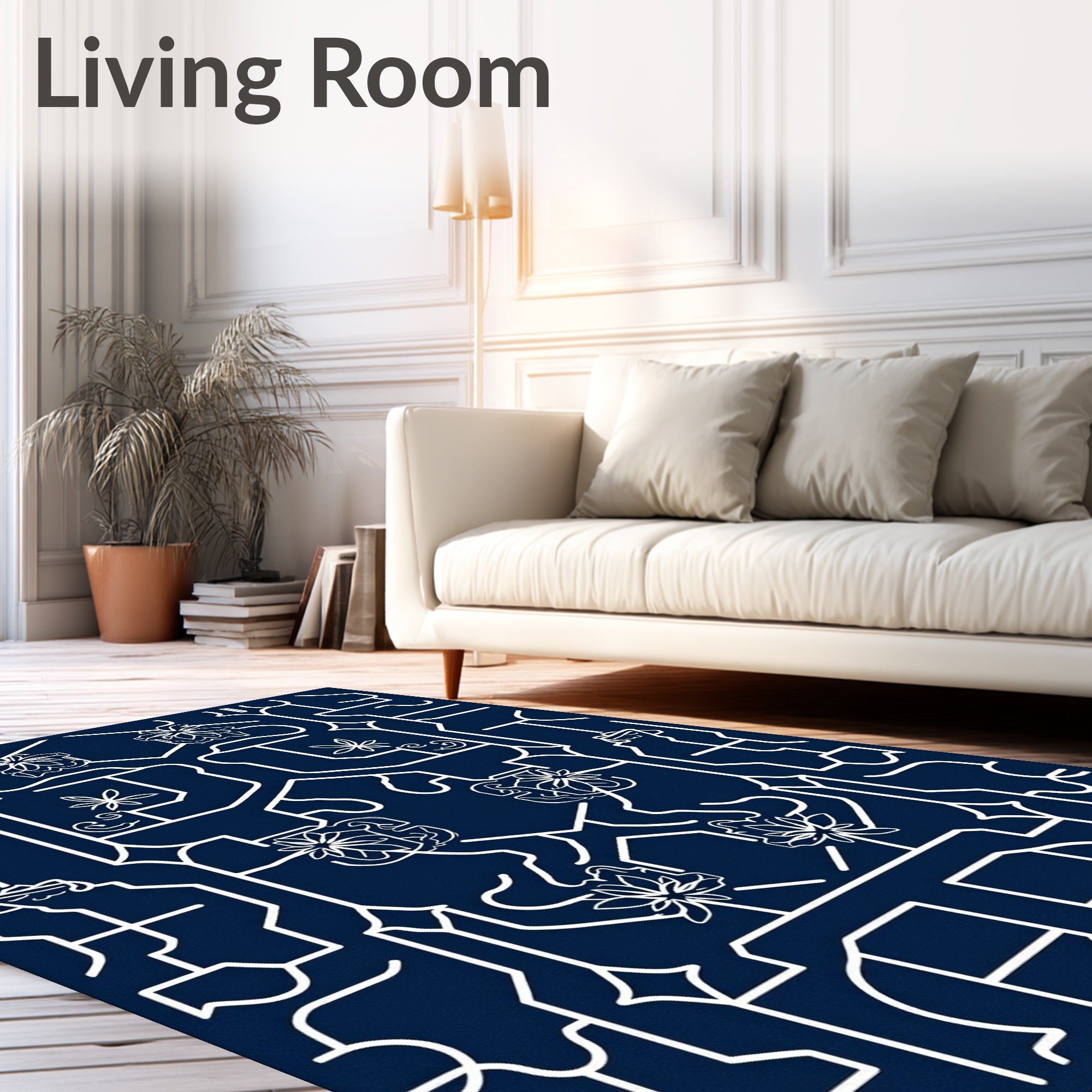 Navy White Floral Gate Composition Rug