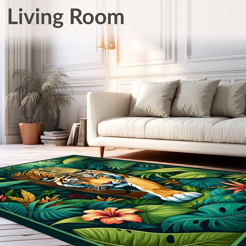 Vibrant Jungle Tiger Tropical Leaves Rug