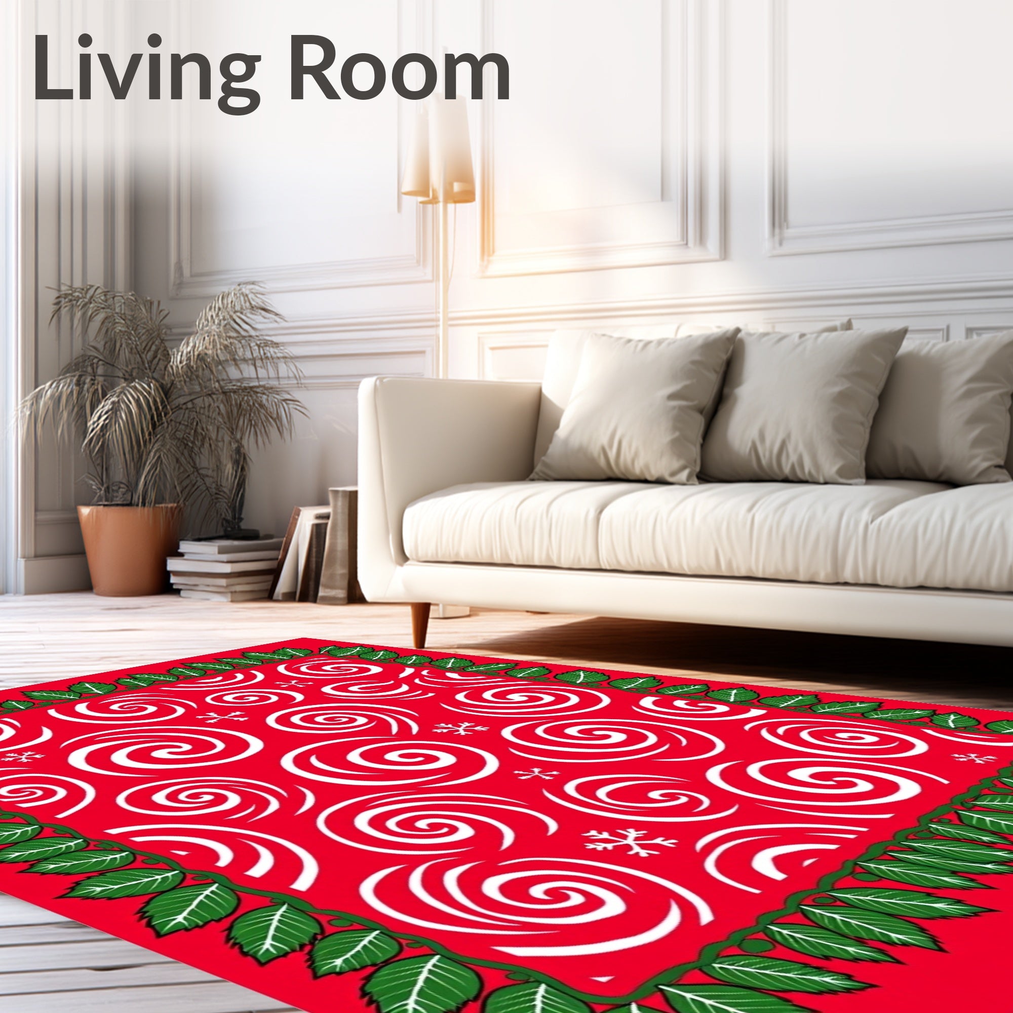 Red White Swirl Snowflakes Holly Border Rug