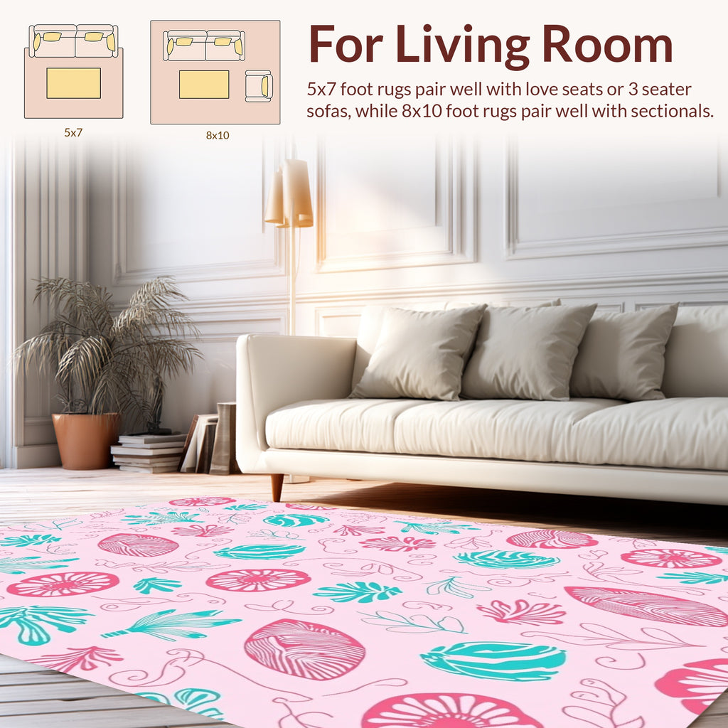 Pink Teal Whimsical Floral Leaf Pattern Rug