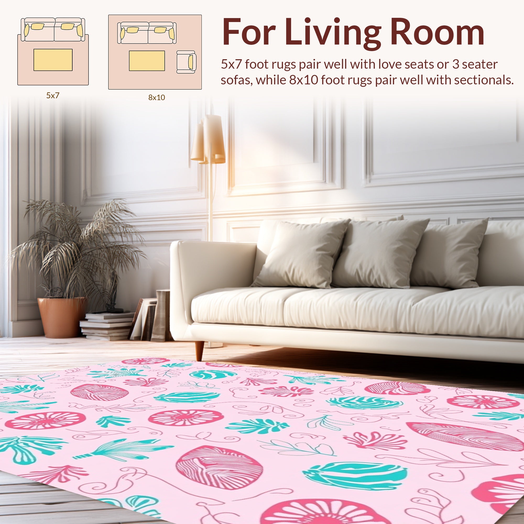Pink Teal Whimsical Floral Leaf Pattern Rug