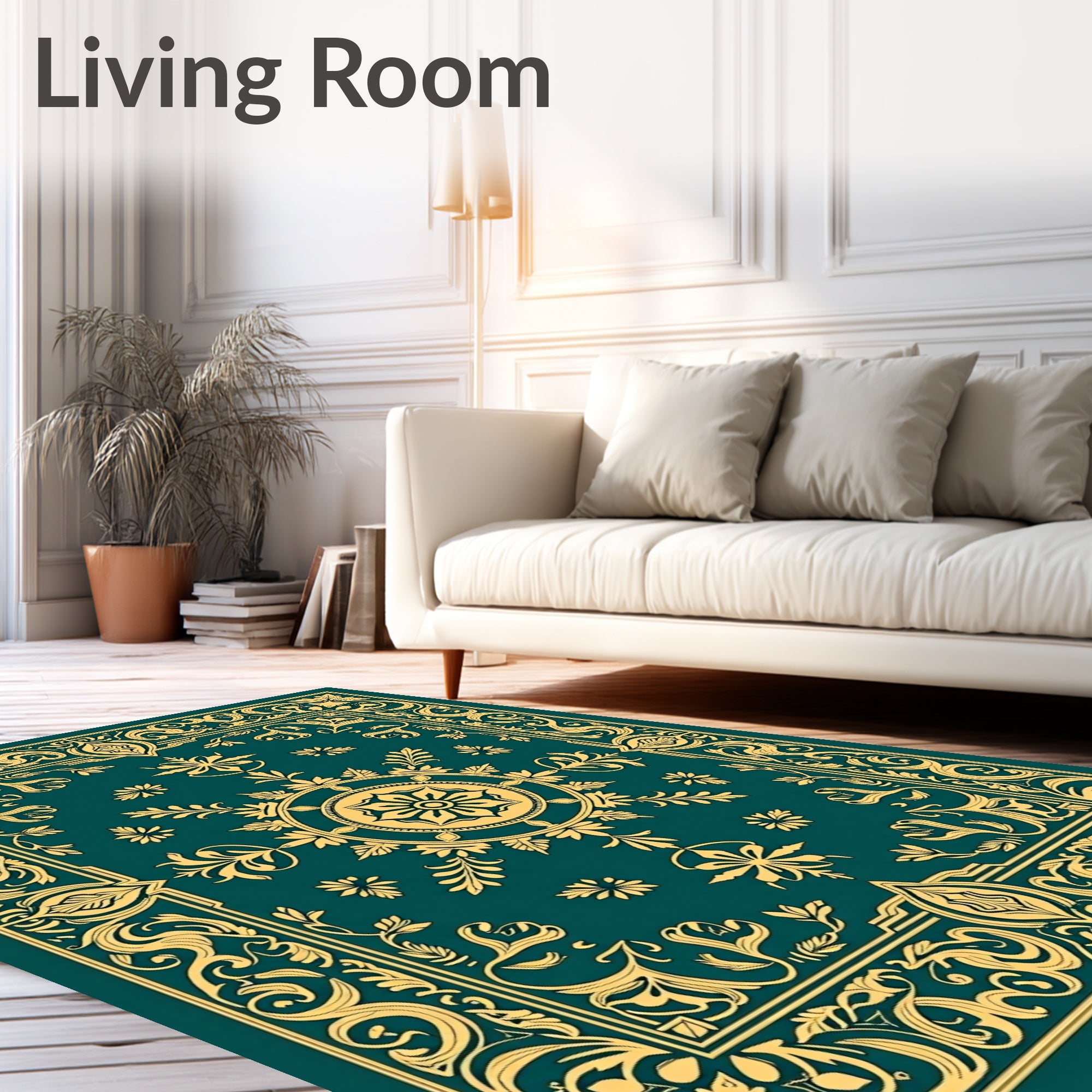 Ornate Teal Golden Floral Medallion Rug