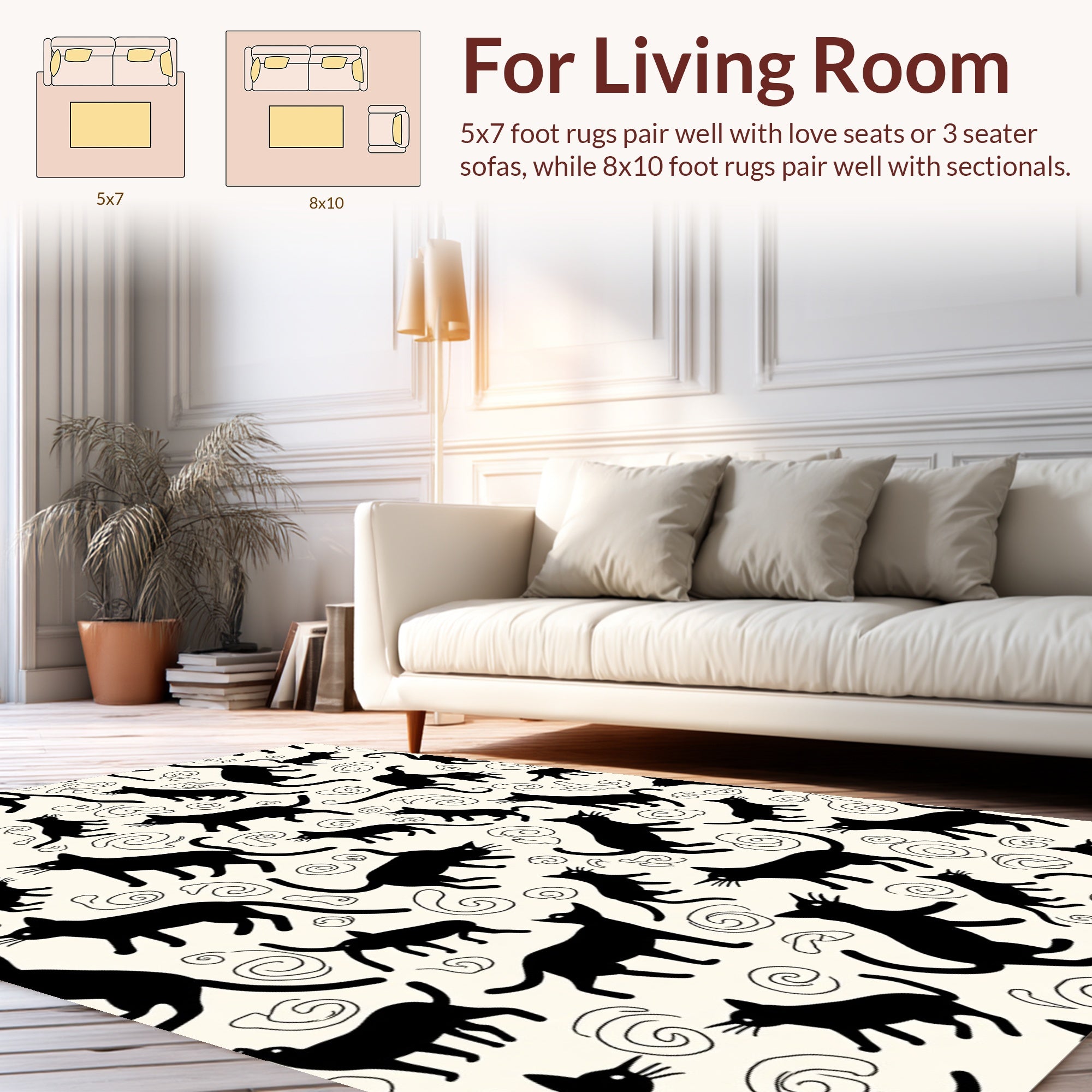 Whimsical Black Cats and Swirls Pattern Rug