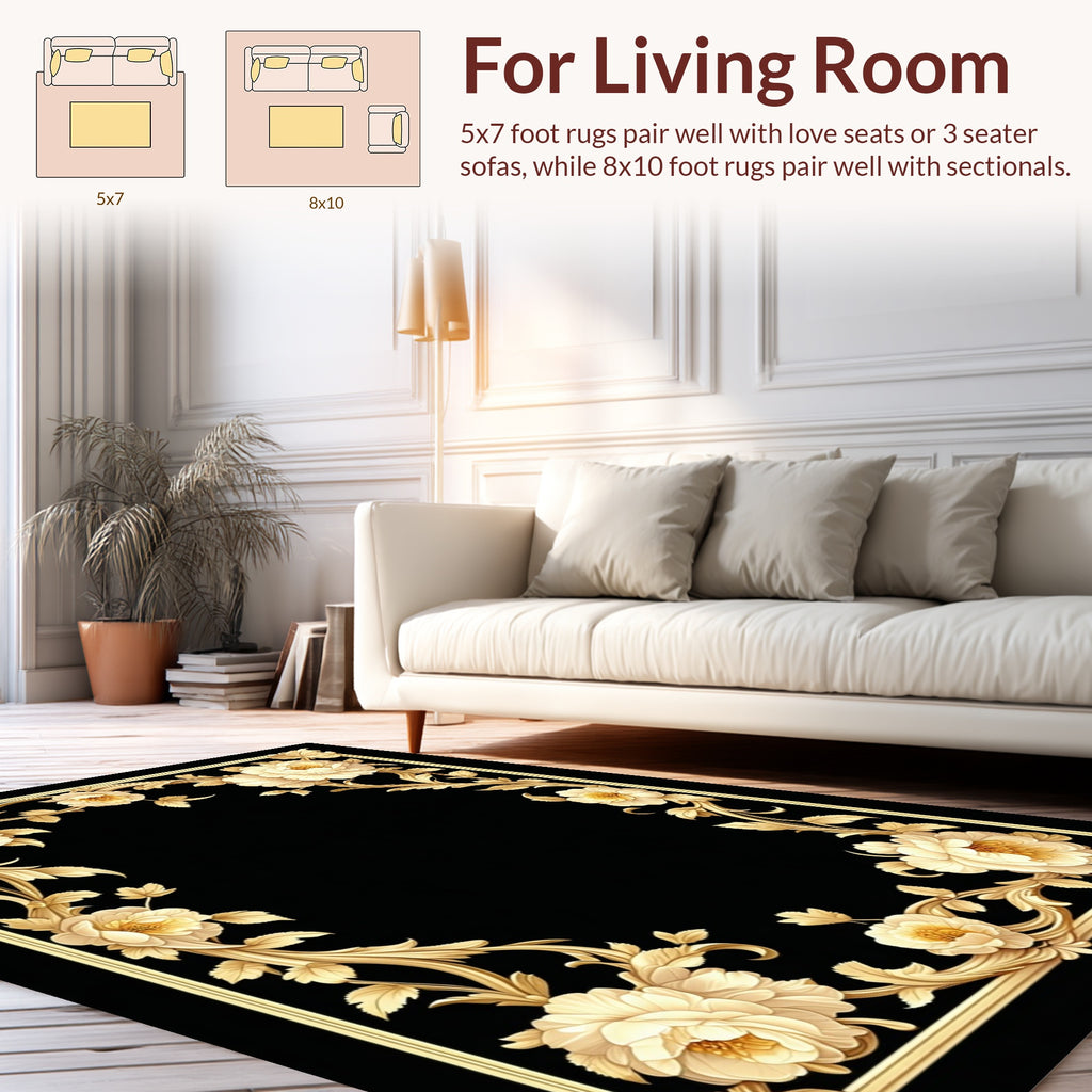 Ornate Golden Floral Scrollwork Rug