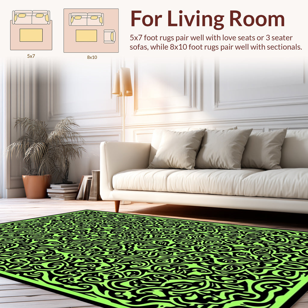 Bold Black Green Swirl Pattern Rug