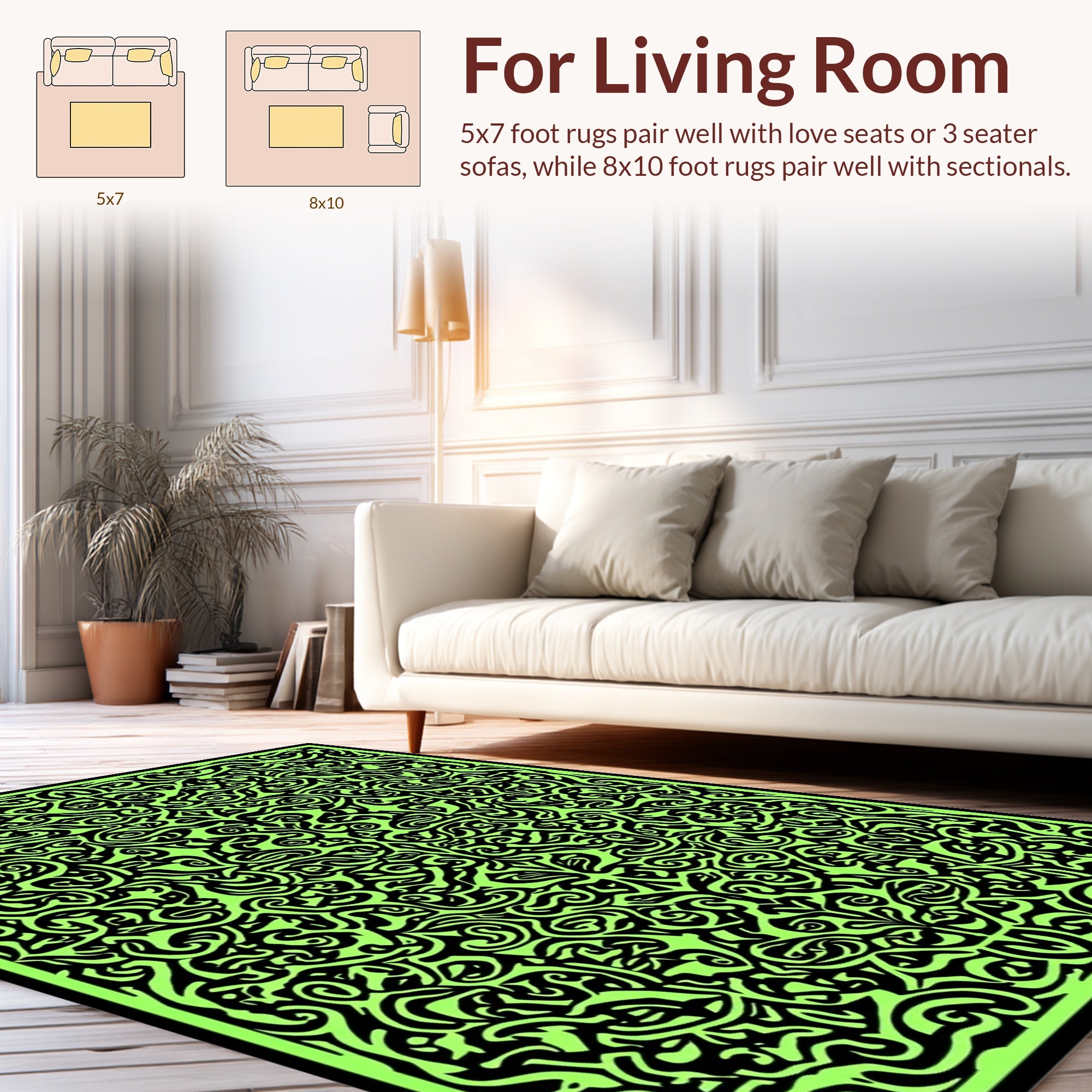 Bold Black Green Swirl Pattern Rug